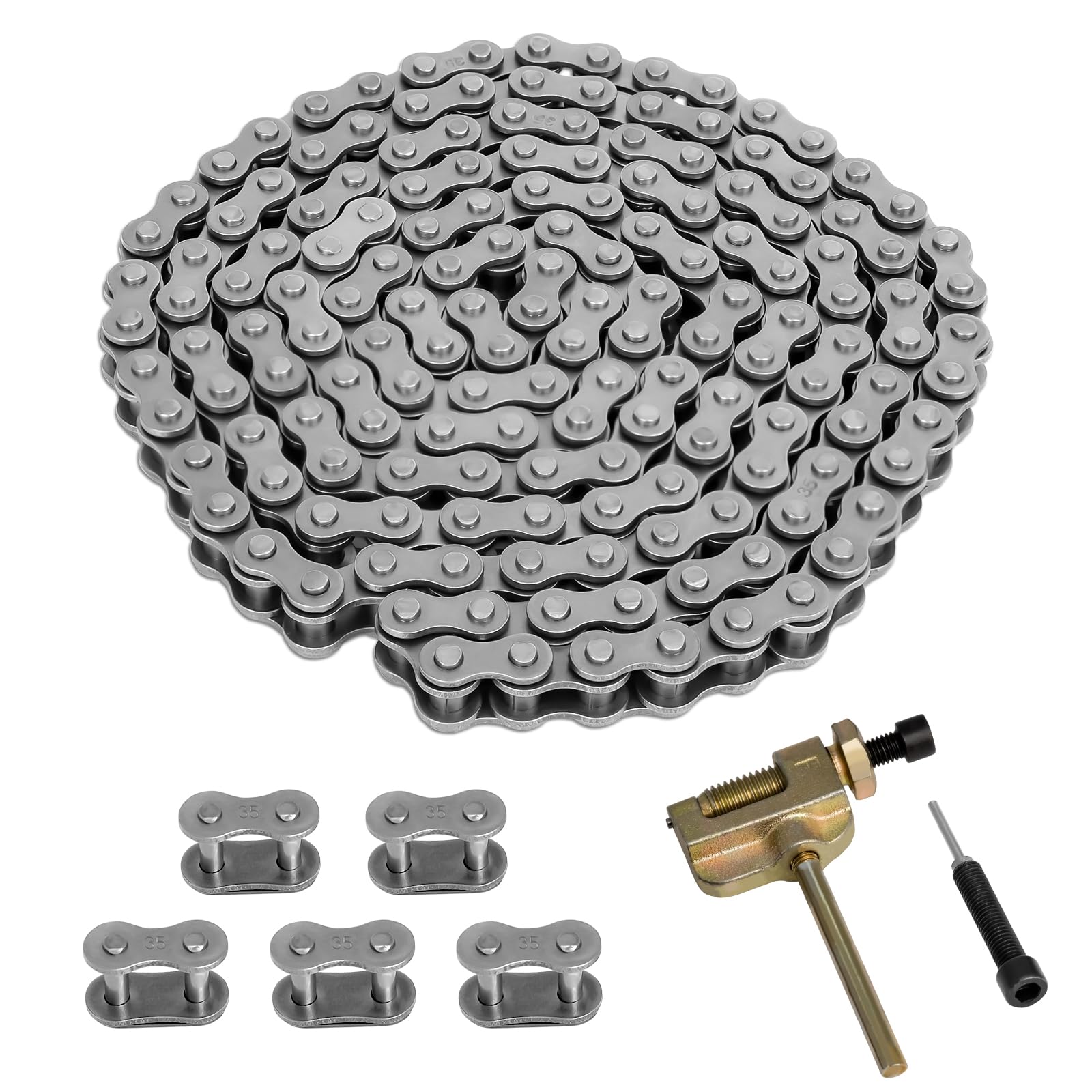 Belleone #35 Roller Chain, 5 Feet 35 Chain With 5 Master Links, Chain Breaker- Carbon Steel Chain For Mini Bike, Go Kart, Motorc