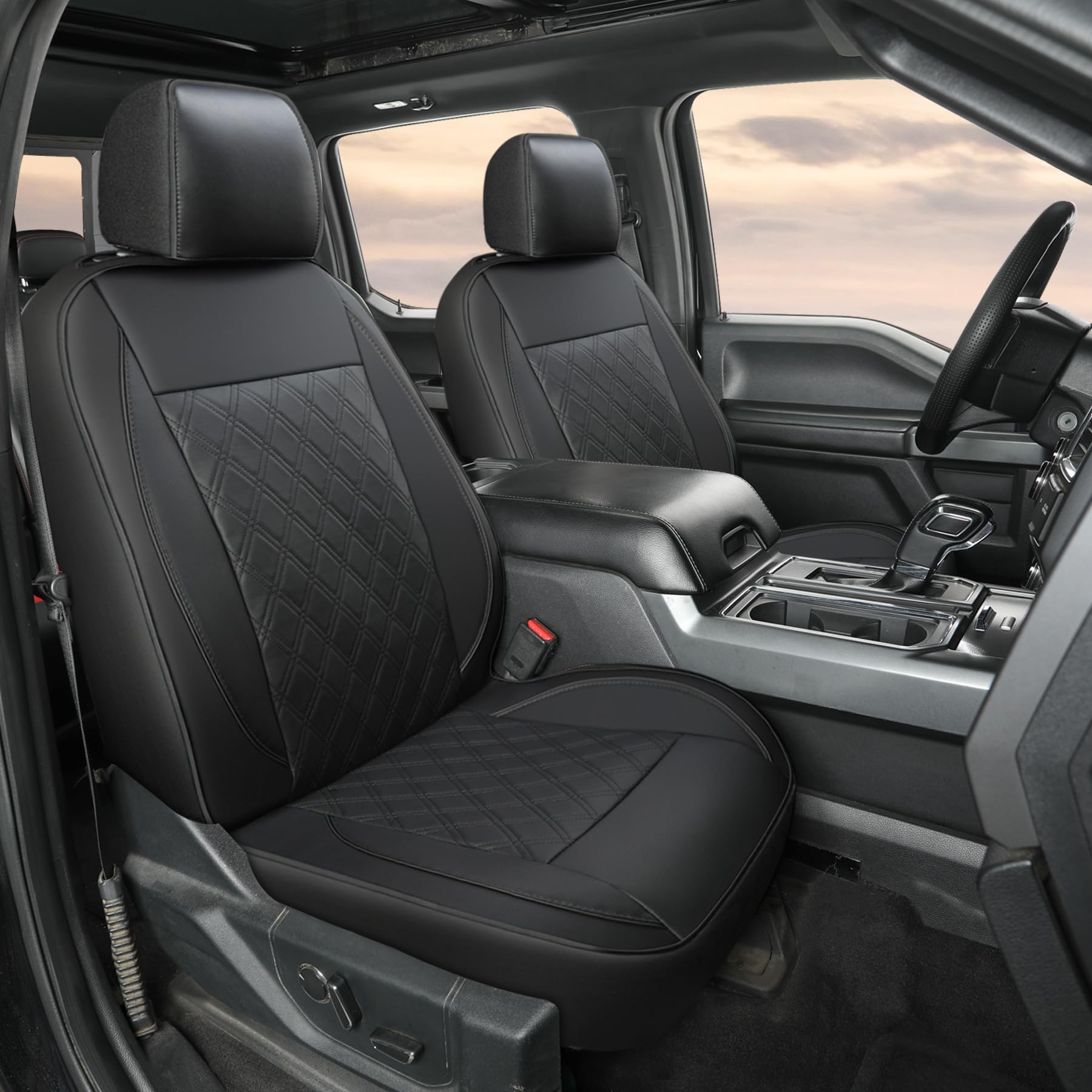 Giant Panda Piping Leather Front Car Seat Covers Customized Fit Ford F150 F250 F350 F450 Super Crew/Crew Cab Pickup Trucks, Fron