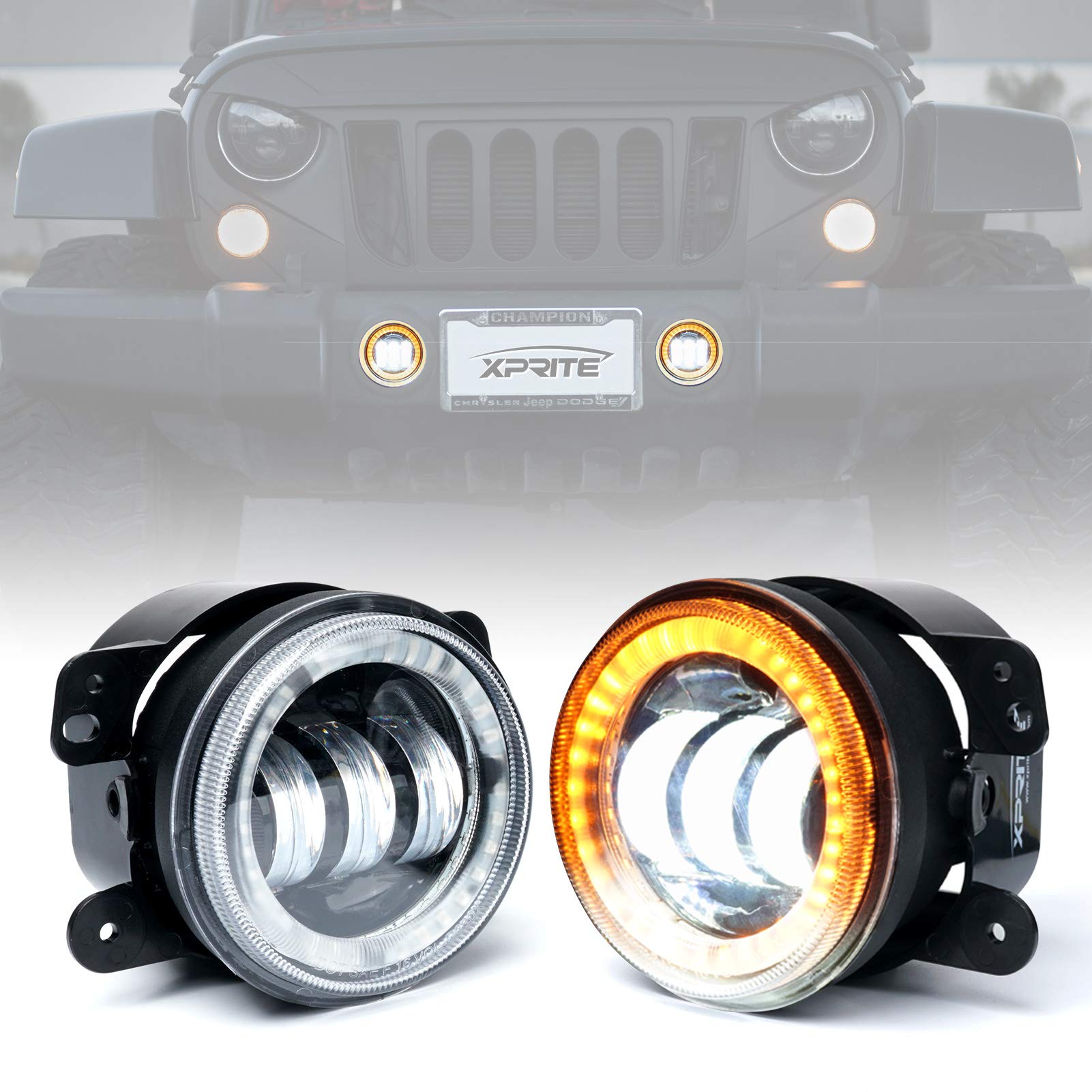 Xprite Fog Lights W/Amber Halo Ring Angle Eye Drl, 4 Inch Foglights Compatible With 07-18 Jeep Wrangler Jk, 60W Led Front Bumper