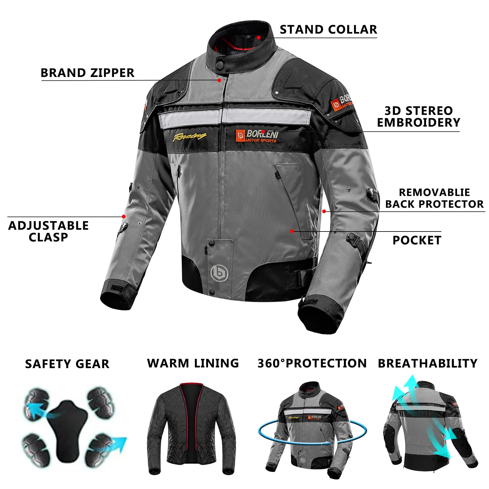 Borleni Motorcycle Jacket Motorbike Riding Jacket Windproof Motorcycle Full Body Protective Gear Armor Autumn Winter Moto Clothing