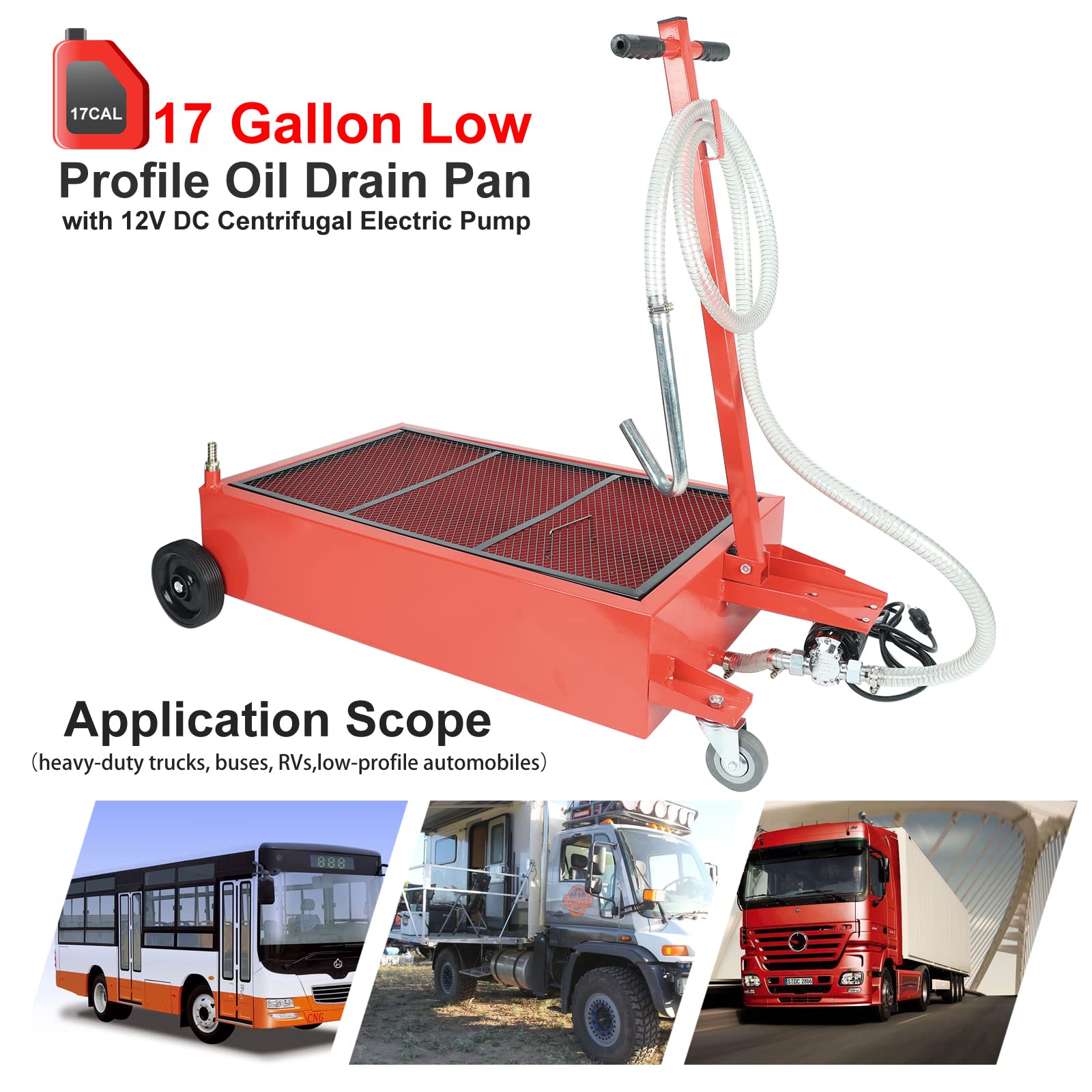 SUPERFASTRACING 17 Gallon Low Profile Roll Around Oil Drain Pan with 110V Electric Pump 8FT Hose for Trucks Cars SUVs