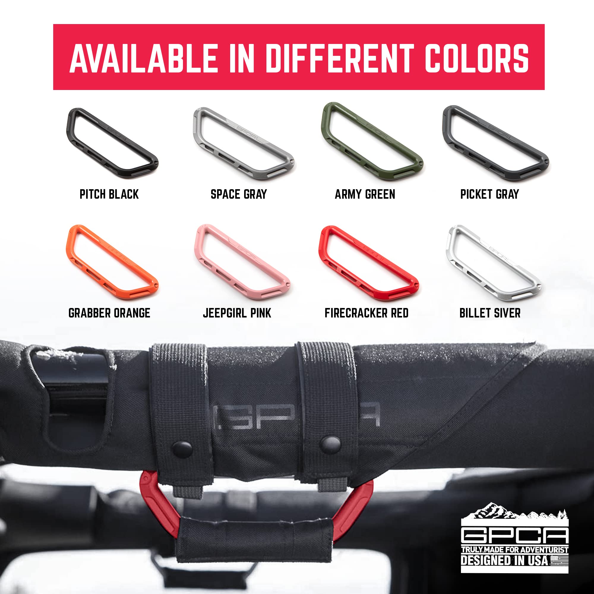 GPCA - GP Grip PRO, Foldable Patented Aluminum Metal Grab Handles for Wrangler 4xe, JL, JT, JK, Sport, Sahara, Rubicon and Gladiator 4DR/2DR 2007-2023, 2 Packs, Firecracker Red