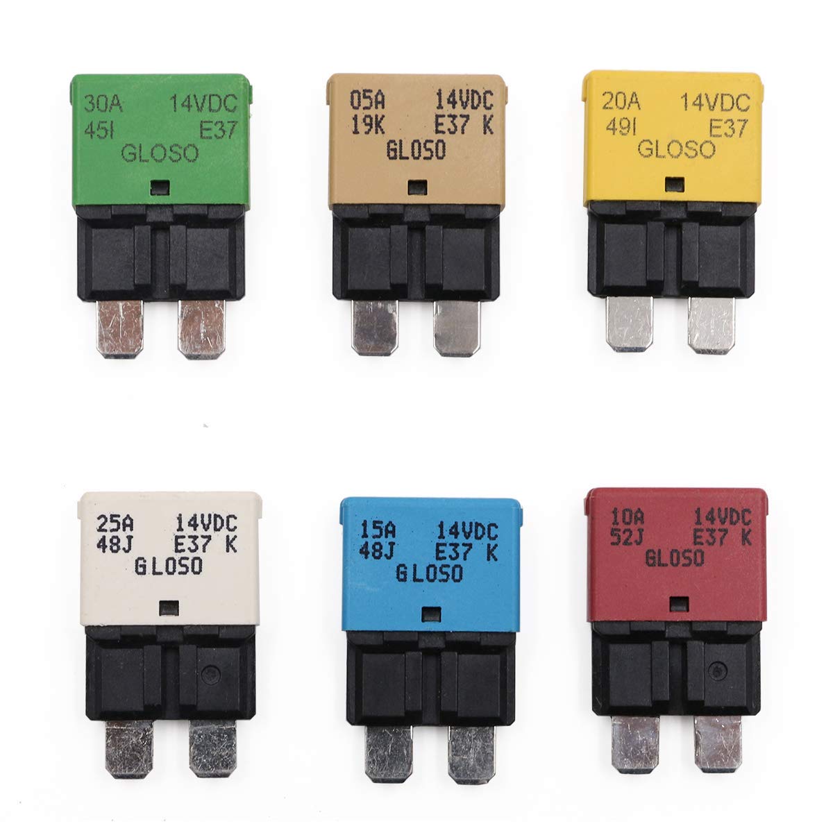 T Tocas E37 Auto (T1) Reset Low Profile Atc/Ato Circuit Breaker 5A 10A 15A 20A 25A 30A, 14V Dc (6Pcs Mixed)