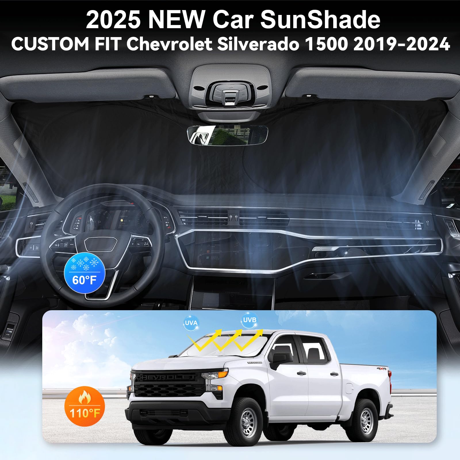 For Silverado Windshield Sun Shade Sunshade For 2019-2025 Chevy Silverado 1500 Truck Accessories Regular Cab, Crew Cab, Double C