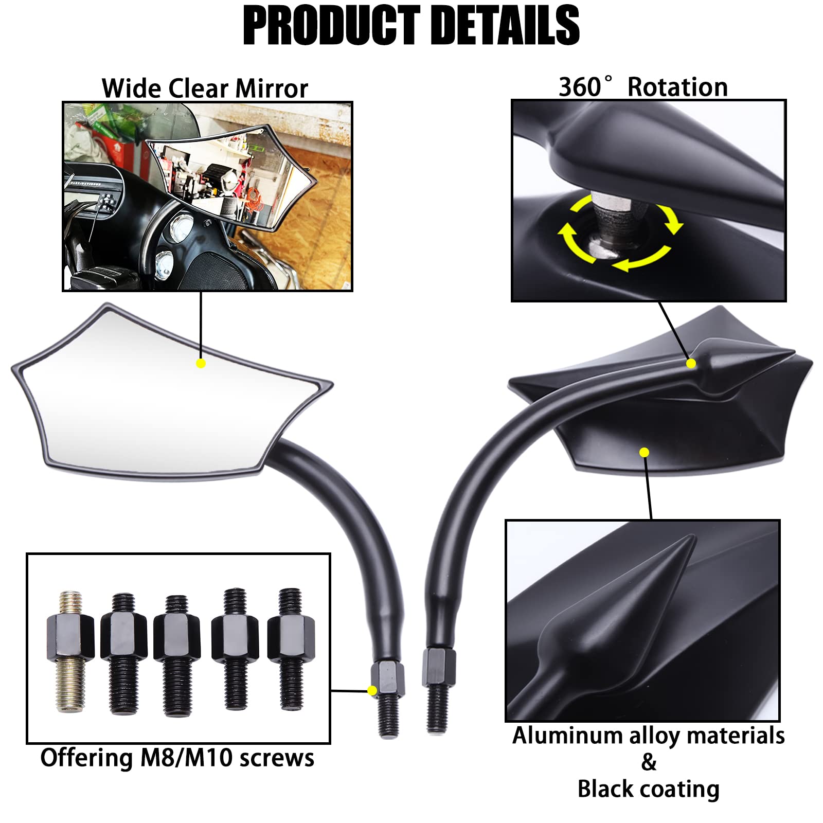 DREAMIZER Universal 8mm/10mm Black Irregular Shape Motorcycle Rear View Mirrors Compatible with Compatible with Harley Cruisers