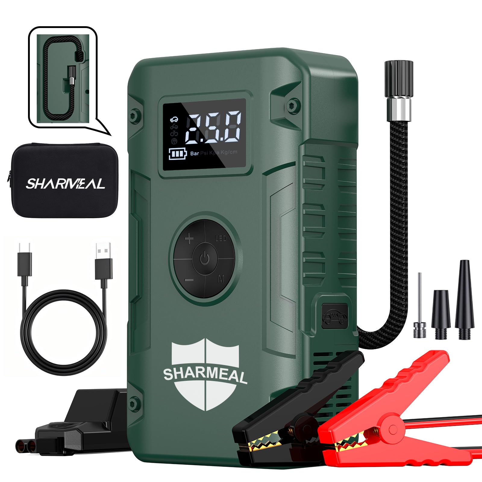 Sharmeal Jump Starter 6000A,12V Car Battery Jump Starter with Air Compressor (Up to All Gas or 10.0L Diesel Engine), Battery Boo
