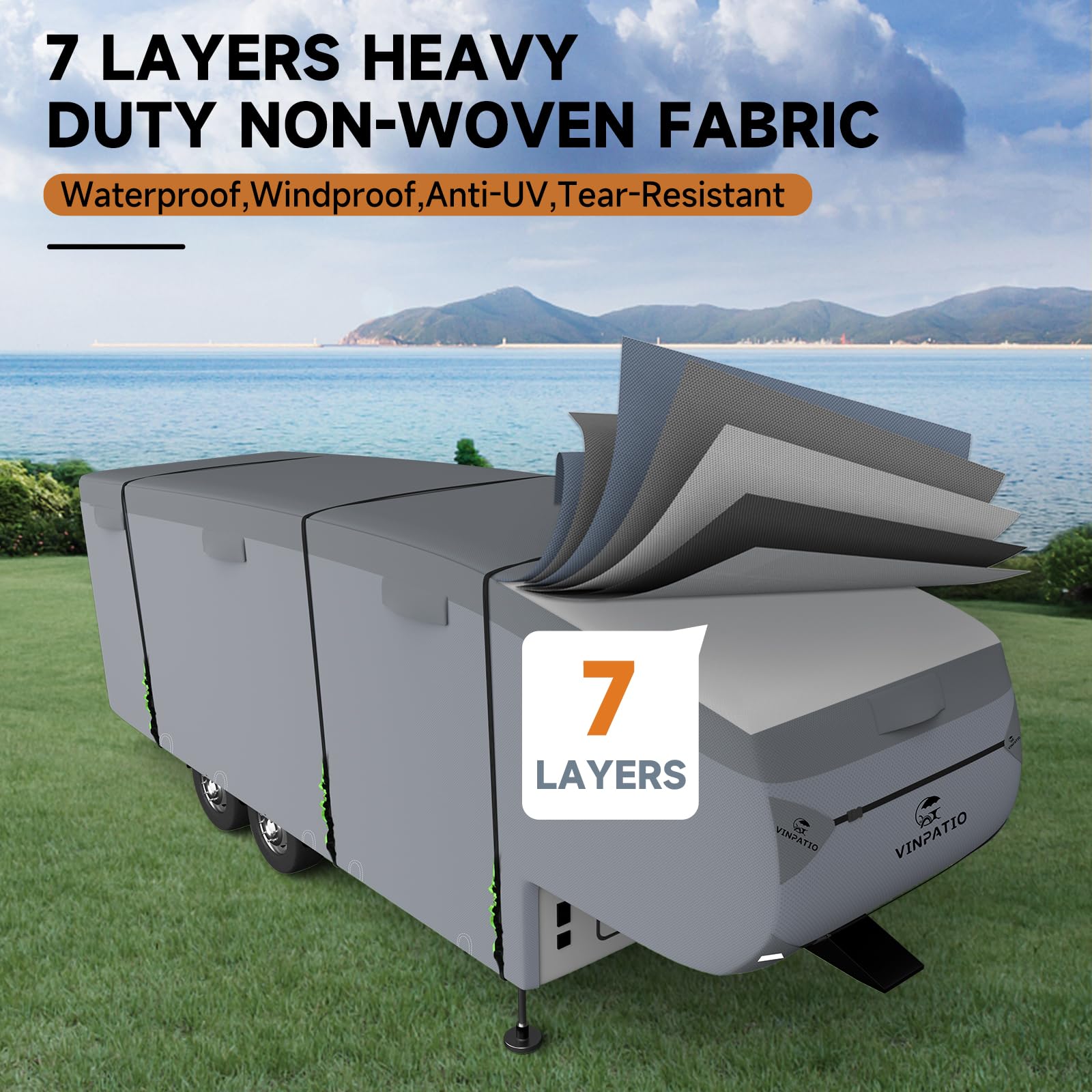 Vinpatio 5Th Wheel Cover: Extra-Thick 7 Layers Top, Fits 31'-34' Rv, Heavy Duty Waterproof Anti-Uv 5Th Wheel Rv Cover, With Gutt