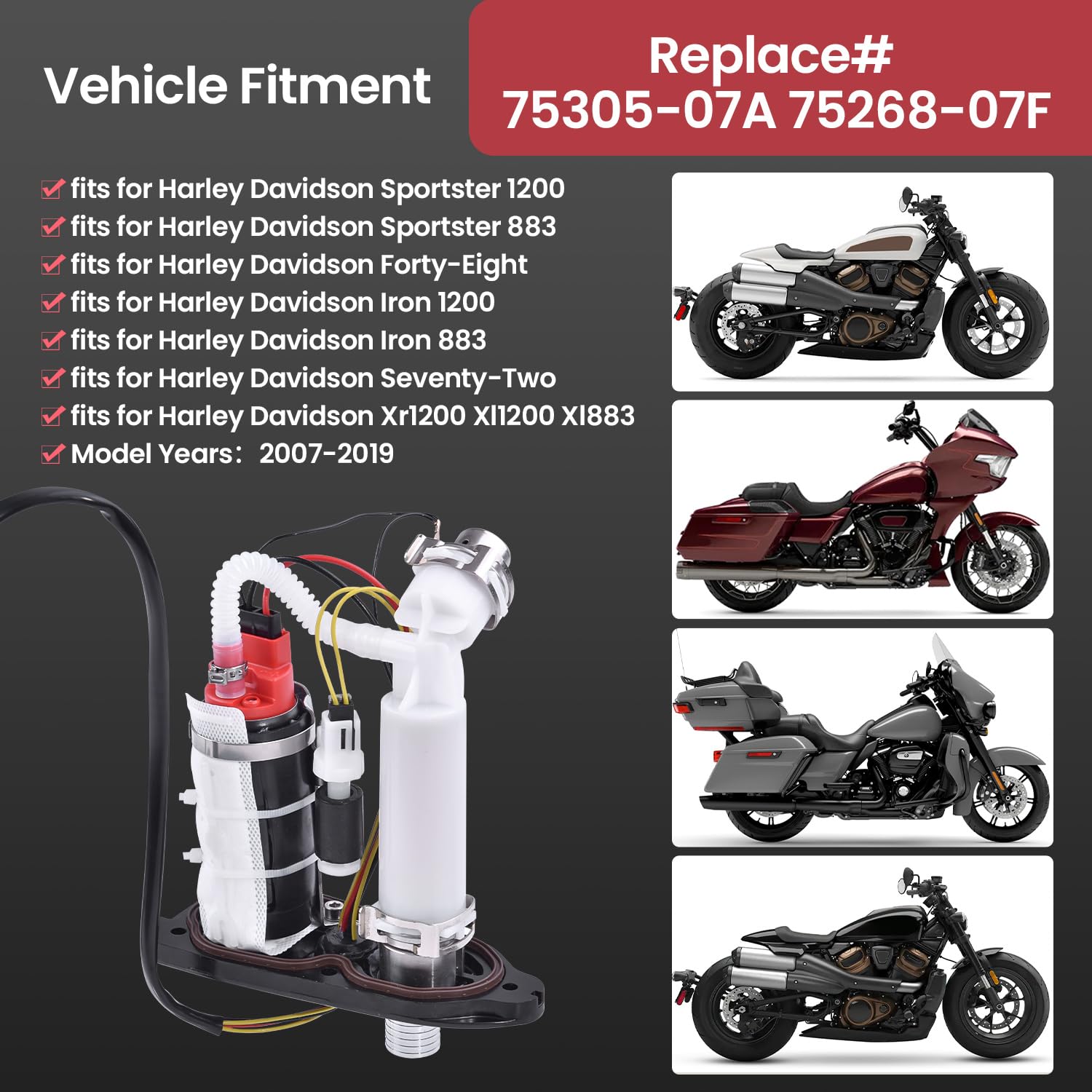 Farpida 75305-07A 75268-07F In-Tank Fuel Pump Assembly Fits for Harley Davidson Sportster 1200 883, Forty-Eight, Iron 1200 883,