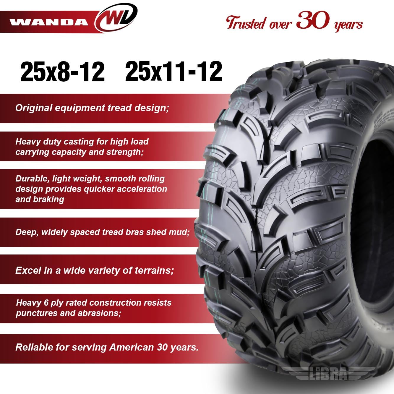 Wanda Set Of 4 New Atv/Utv Tires 25X8-12 Front & 25X11-12 Rear /6Pr P373-10243/10210