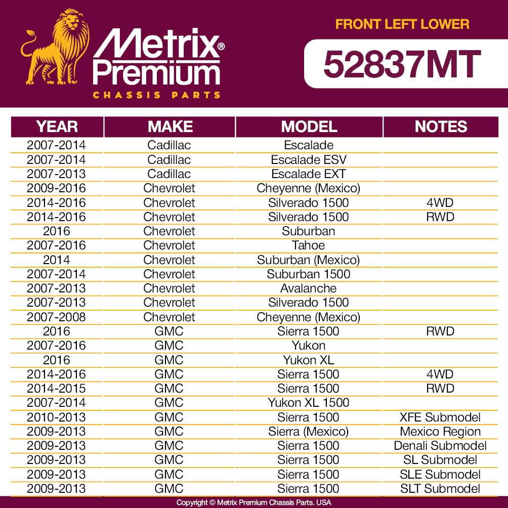 Metrix Premium Chassis Parts - Front Left Lower Control Arm W Ball Joint & Bushing Assembly Fits 07-14 Cadillac Escalade, 07-13