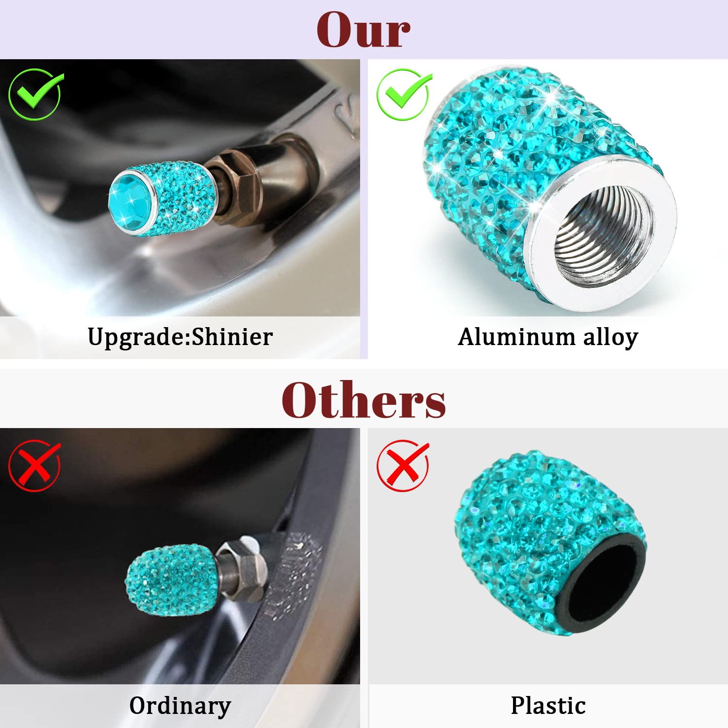 ToBeQueen Bling Tire Valve Covers Blue, 4 Pack Handmade Crystal Rhinestone Tire Caps Universal Dustproof Bling Car Accessories f