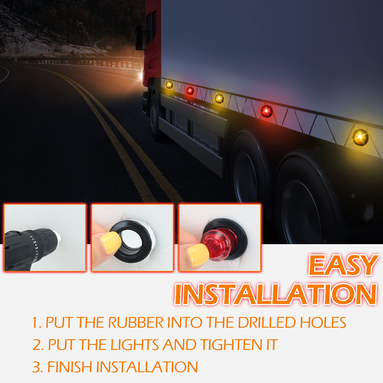 100 Pieces 3/4 Inch Round Led Side Marker Lights, 3 Leds Front Rear Side Indicator Lights Yellow And Red Turn Signal Lights Ip68