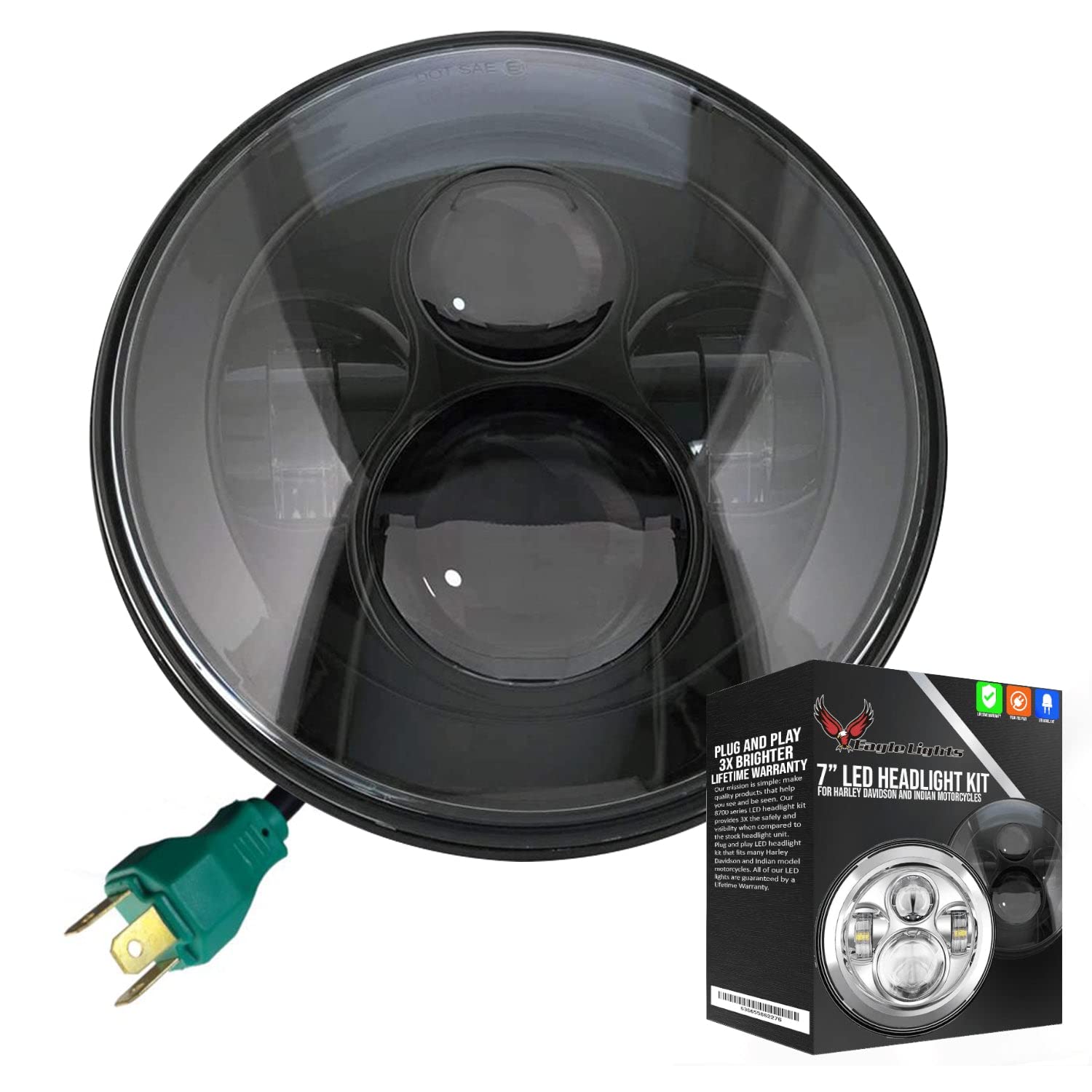 Eagle Lights 8700B 7' Led Headlight For Harley Davidson And Indian Motorcycles - Generation I/Black Kit/No Installation Accessories