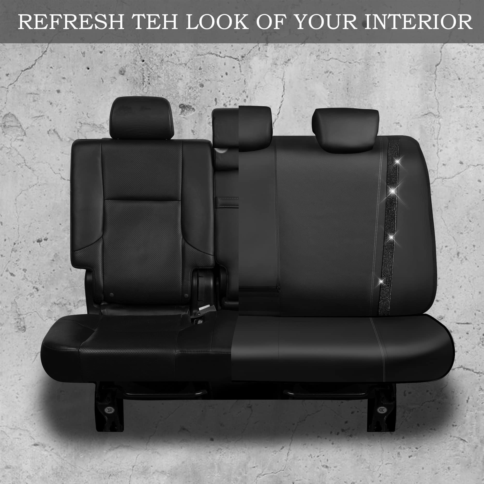 Car Pass Bling Rhinestone Leather Back Seat Cover, Waterproof Bench Rear Seat Cover Shining Diamond Universal Fit Automotive Glitter Crystal Sparkle Strips For Kid Women Girl, Black Diamond