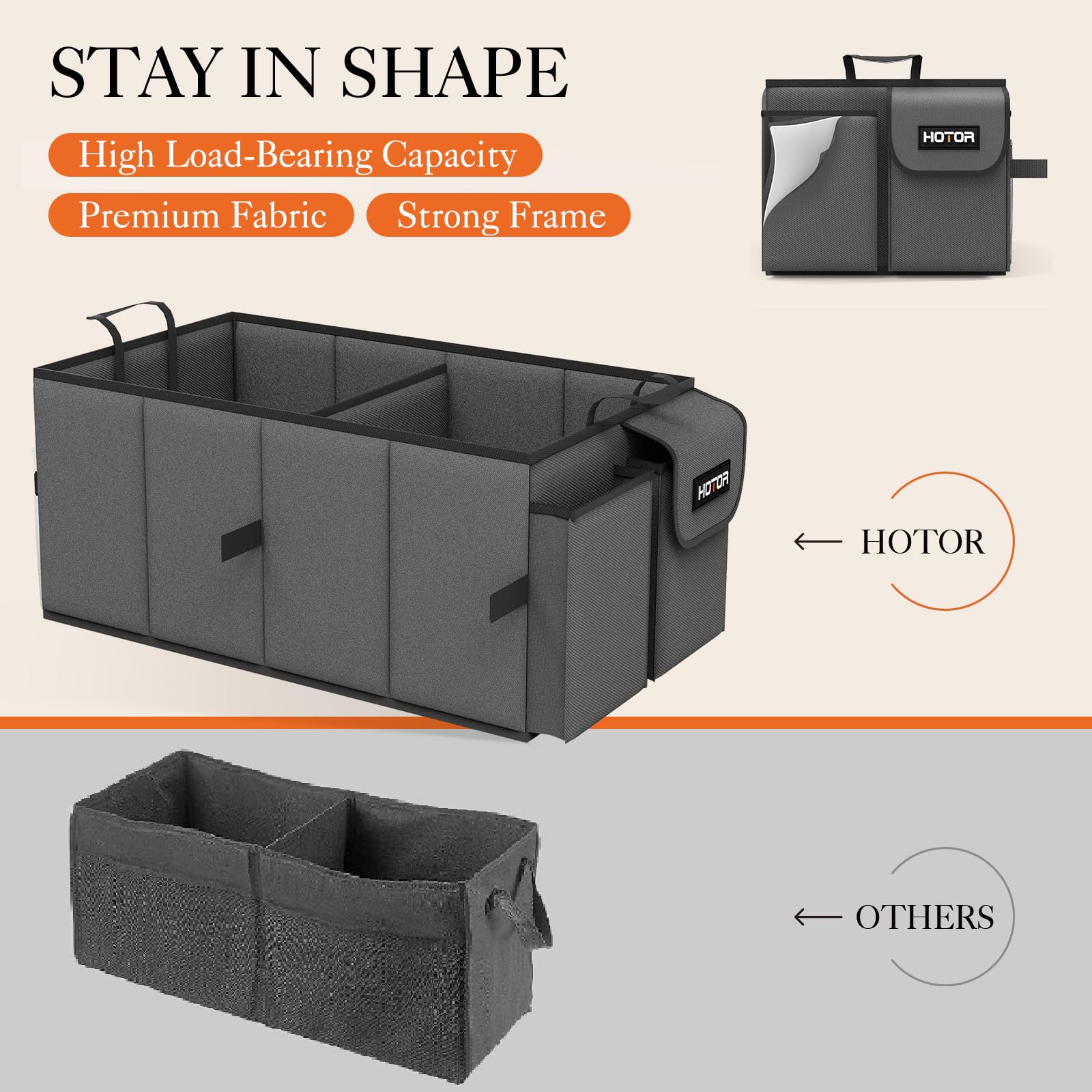 Hotor Foldable Trunk Organizer - 2-Compartment 21.3 ''  12.6 ''  10.6 '' Grey Suv & Sedan Organizer For Accessories, Tools And S
