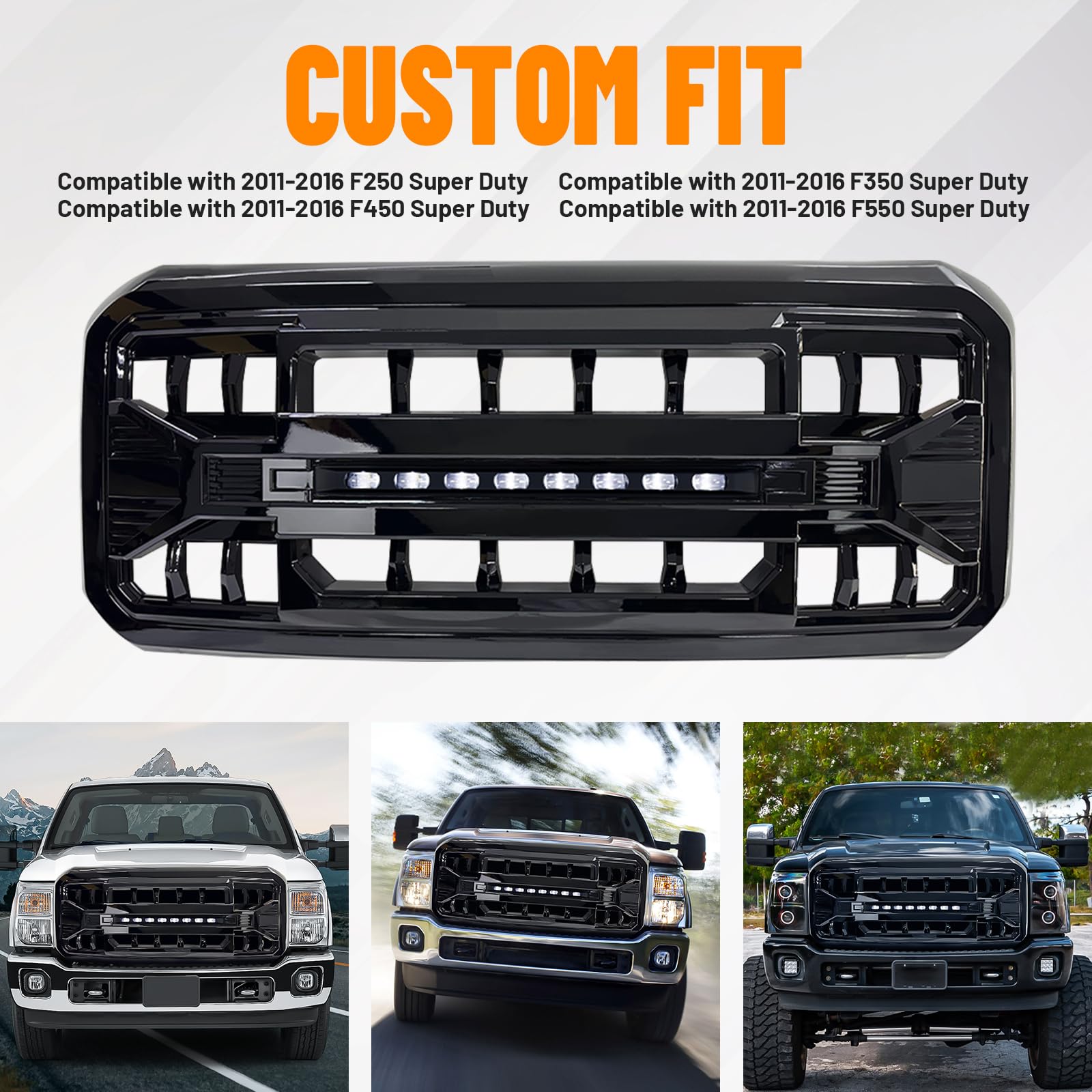 MEGAIE Front Grill Compatible with 2011-2016 F250 F350 F450 F550 Super Duty, Glossy Black Bumper Grille Guard w/Off-Road Lights