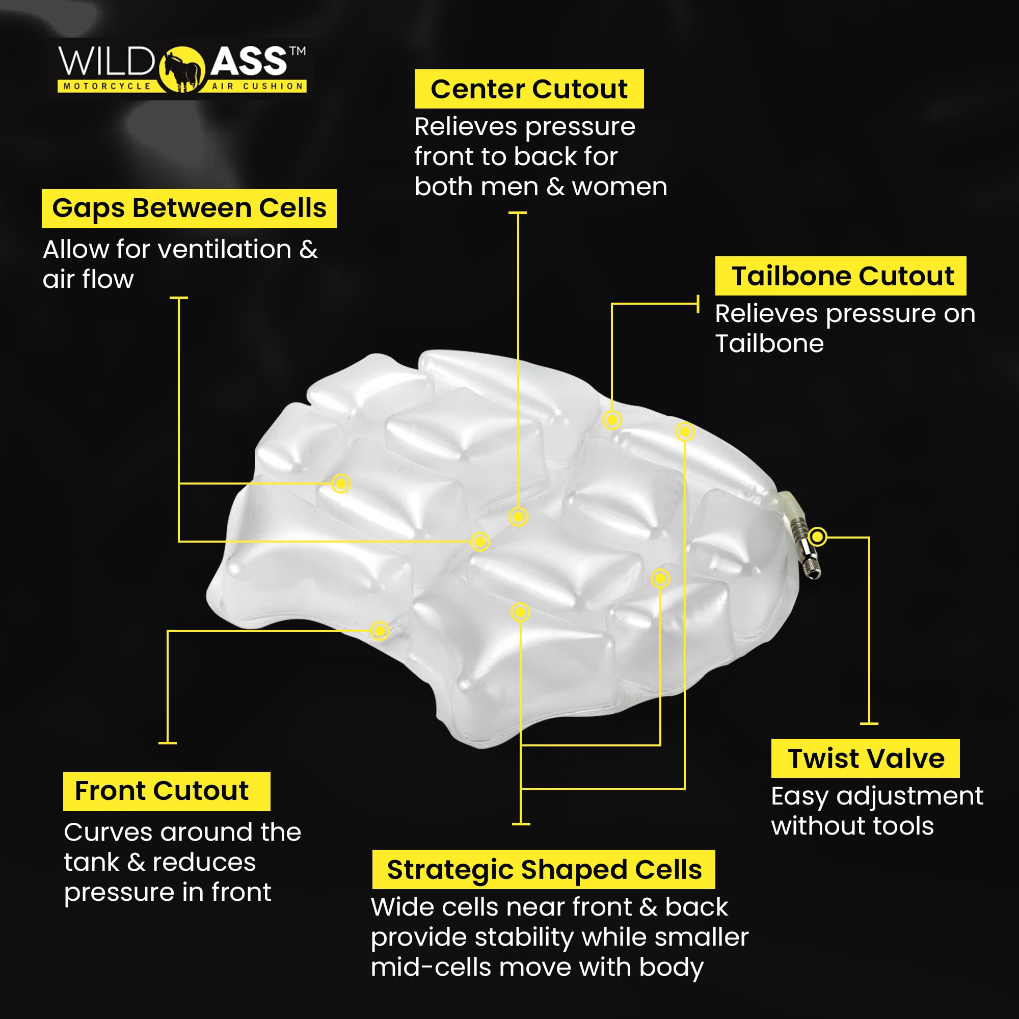 Wild Ass Motorcycle Air Gel Smart-Lite Pad - Ergonomic Universal Fitting Air Adjusting Cushion with Straps - Ultimate Rider Comf