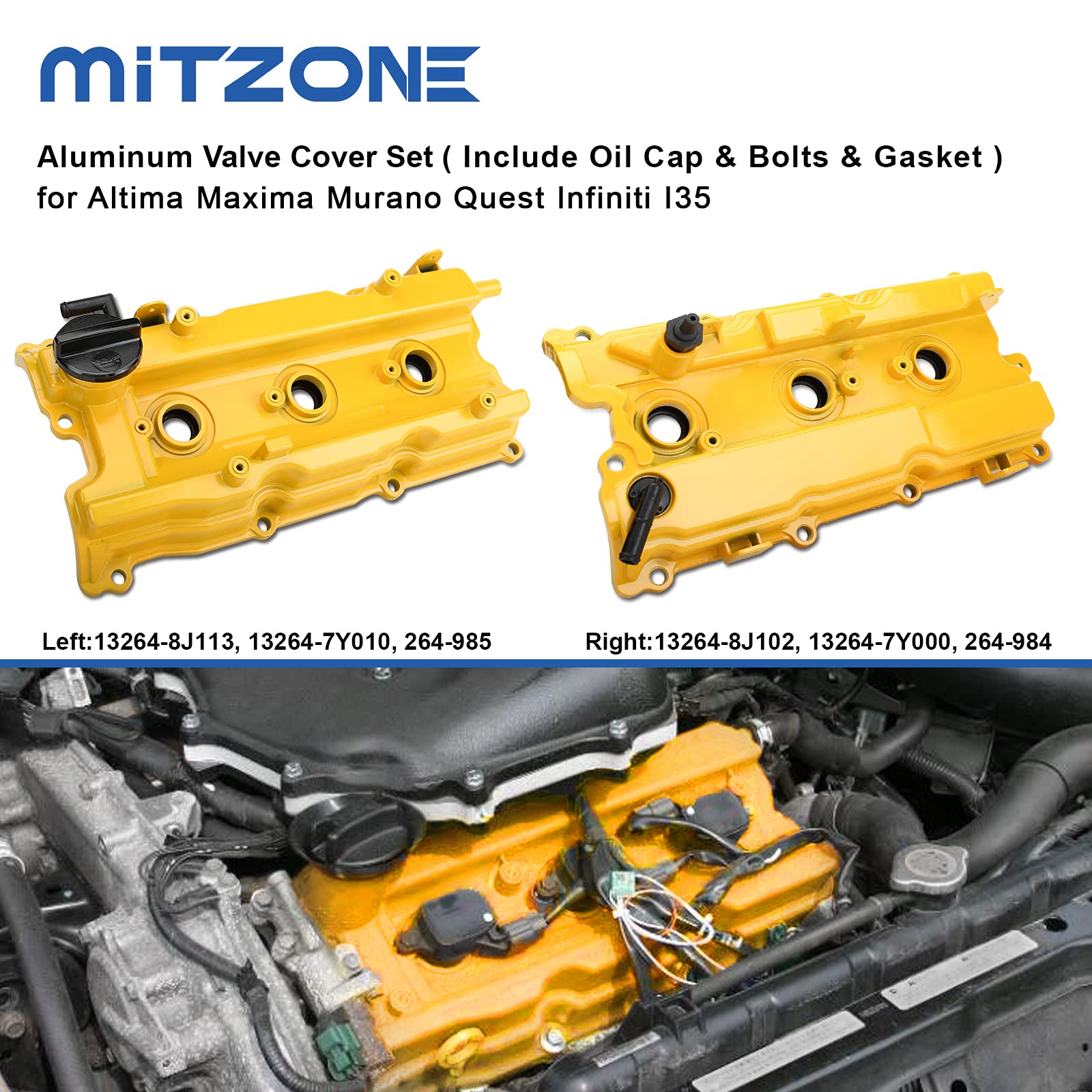 Mitzone Upgrade Aluminum Valve Covers (Yellow) Front& Rear Compatible With 2002-2009 Nissan Altima Maxima Murano Quest Infiniti