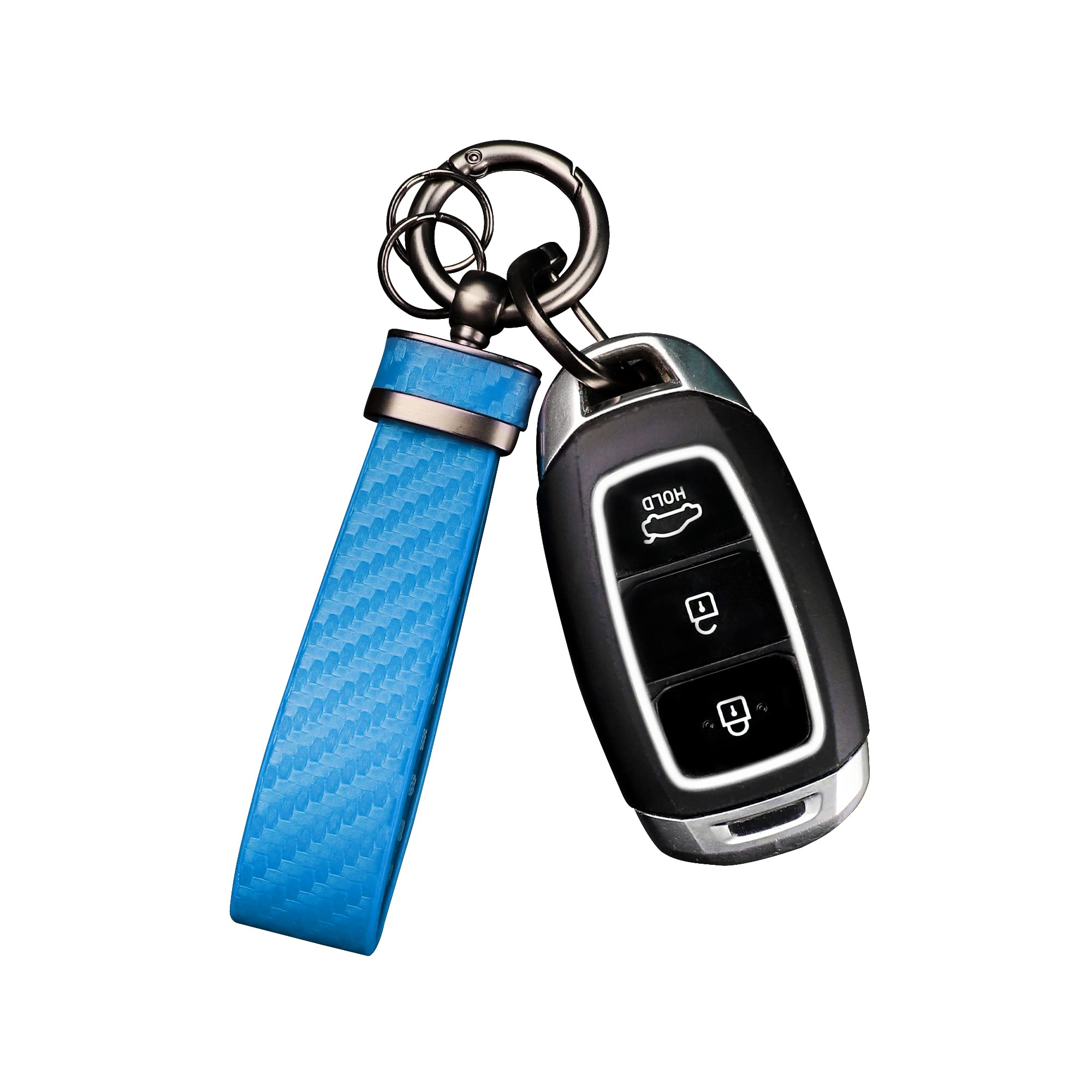 Turcee Carbon Fiber Car Keychain,Interior Accessories Keychains Leather Car Key Fob,Car Accessories Key Ring & Anti-Lost D-Ring(Blue)
