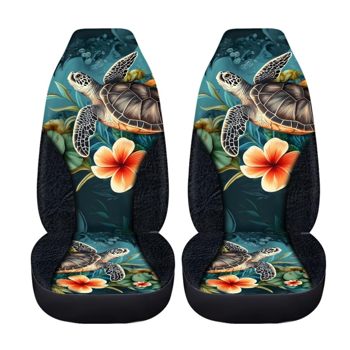 Bigcarjob Art Sea Turtle Car Seat Cover Set For Front Seat Only,2 Pack Animal Turtle Print Auto Front Seat Protector Saddle Blan