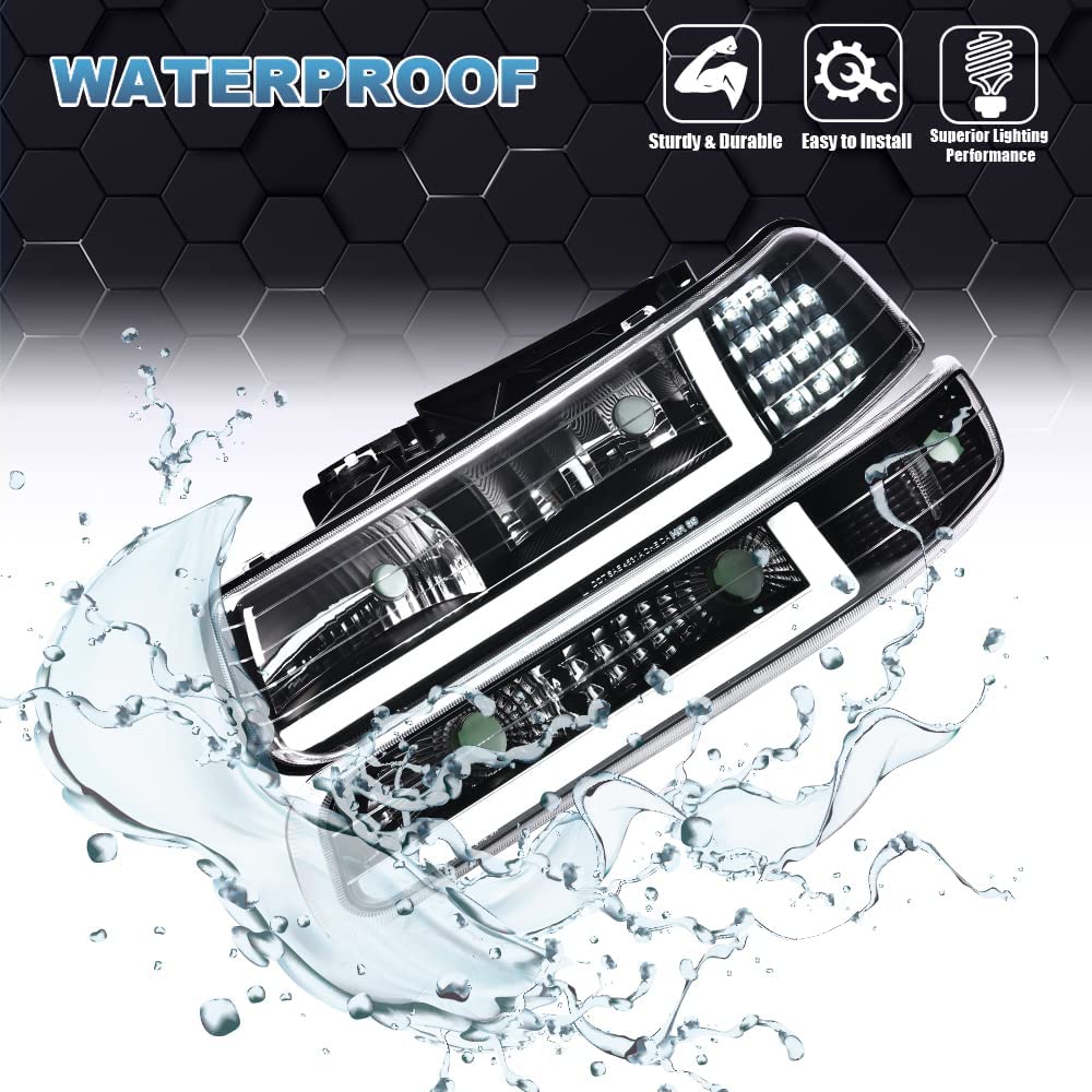 Pit66 Led Headlight Assembly Compatible With 1999-2002 Chevy Silverado / 2000-2006 Tahoe Suburban Clear Lens Black Housing Clear