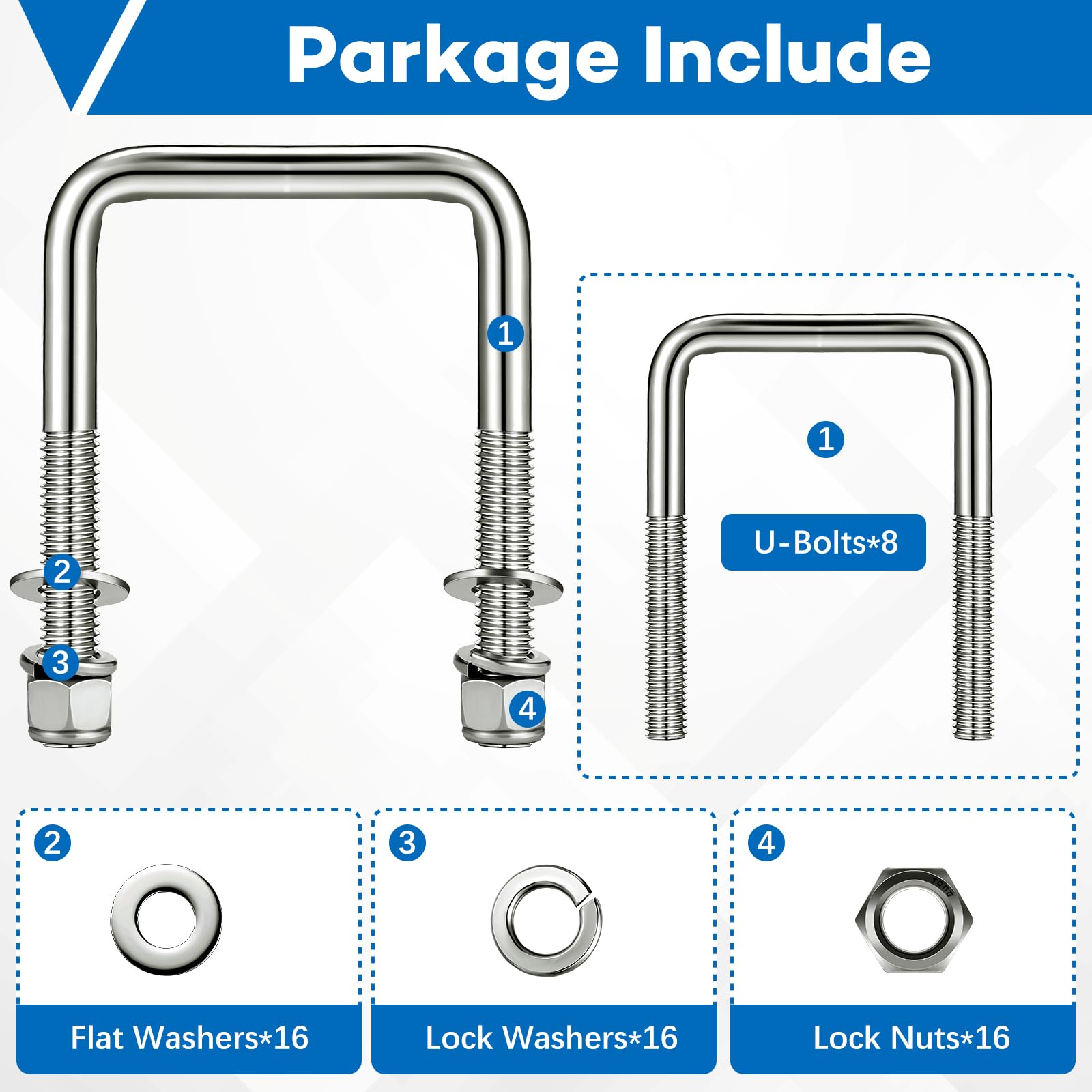 8 Pcs Hotop 304 Stainless Steel Square U-Bolt Boat Trailer U-Bolts with Washers and Nuts l Heavy Duty U Bolt for Sailboat Traile