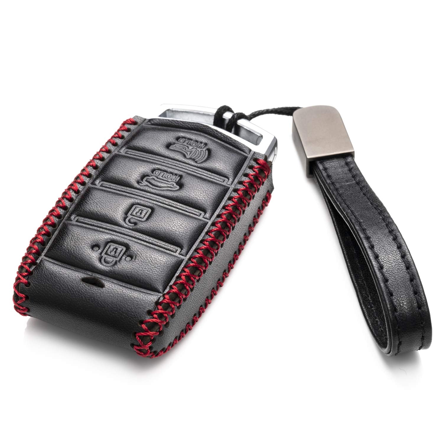 Vitodeco Genuine Leather Smart Key Fob Case Cover Protector with Leather Key Strap Compatible for 2017-2020 Genesis G70, G80, G90 (4-Button with Tailgate, Black/Red)