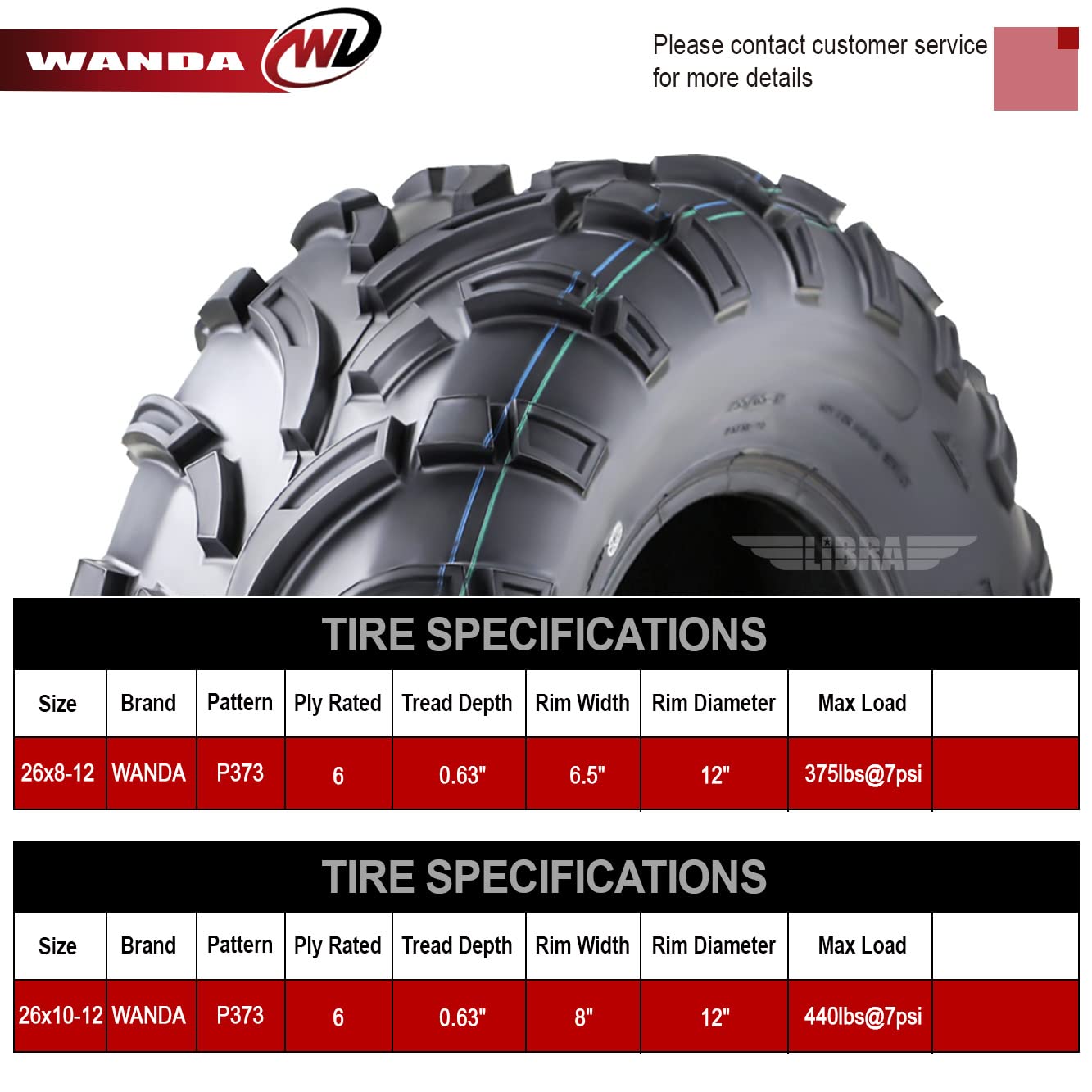 Wanda Set 6 Atv Utv Tires (2) 26X8-12 Front & (4) 26X10-12 Rear 6Pr 6 Wheeler