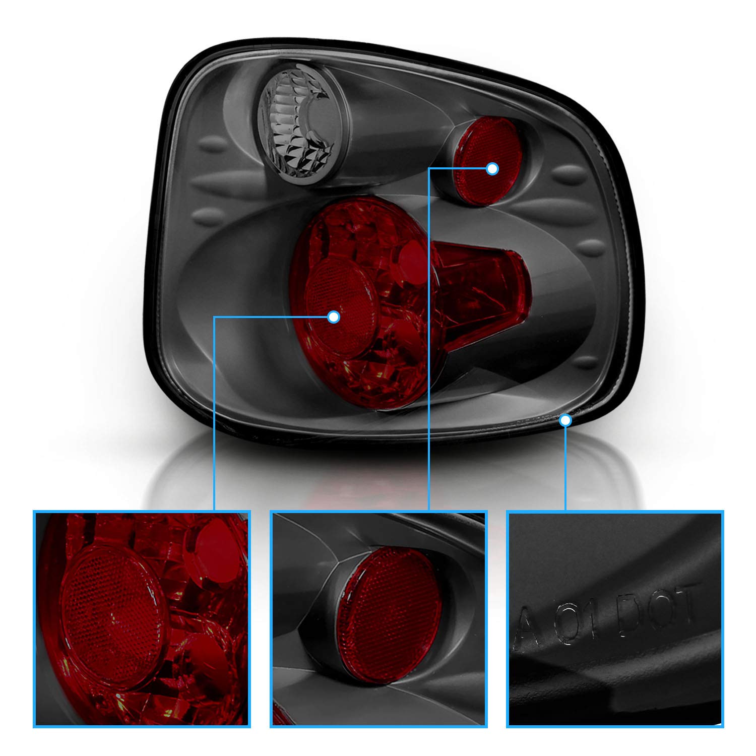 Amerilite For 2001-2003 Ford F-150 Flareside Euro Gun Metal Replacement Tail Lights Brake Lamp Pair - Passenger And Driver Side