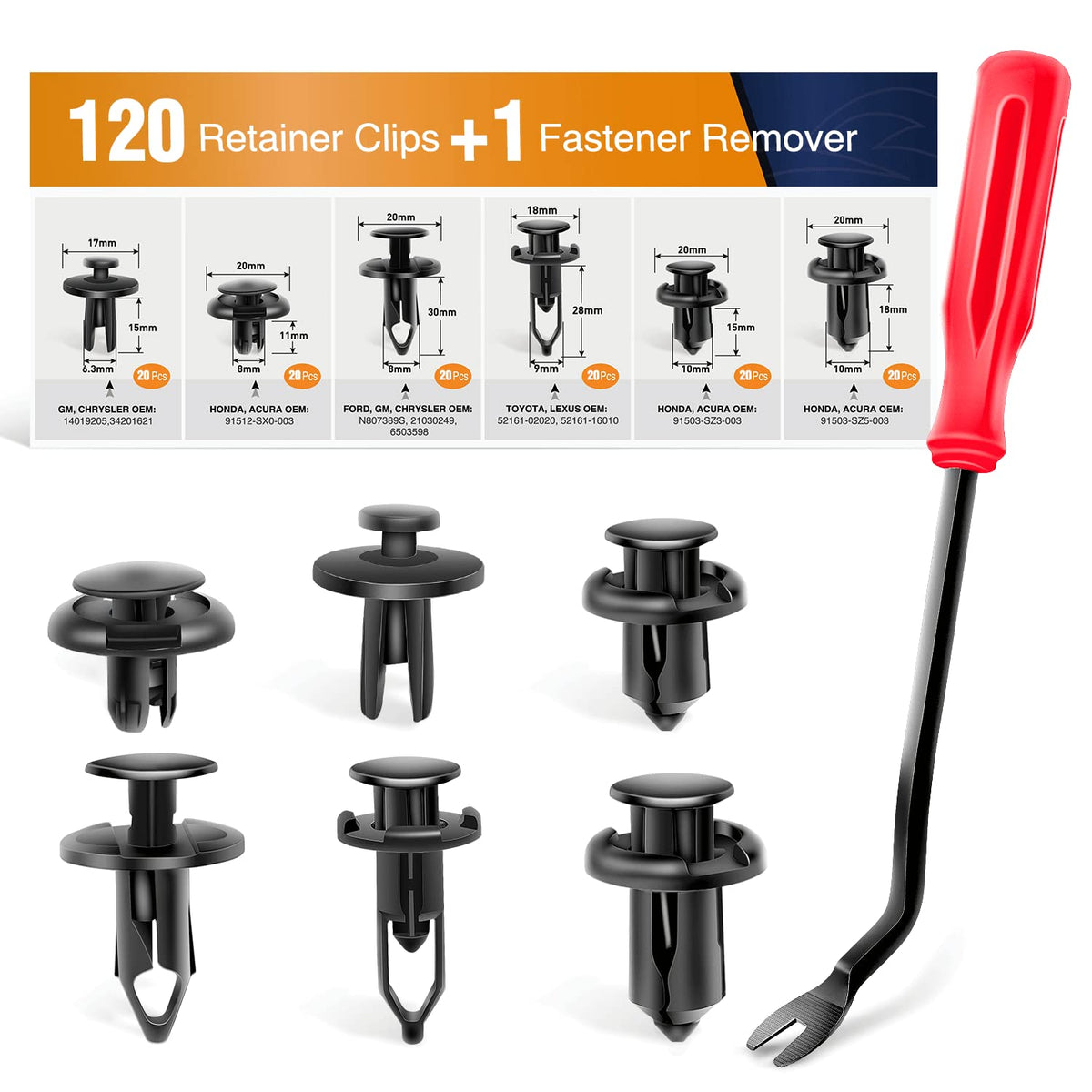 GOOACC GRC-30 120PCS Car Retainer 6.3mm 8mm 9mm 10mm Expansion Screws Replacement Kit Bumper Push Rivet Clips, 1PC Fastener Remo