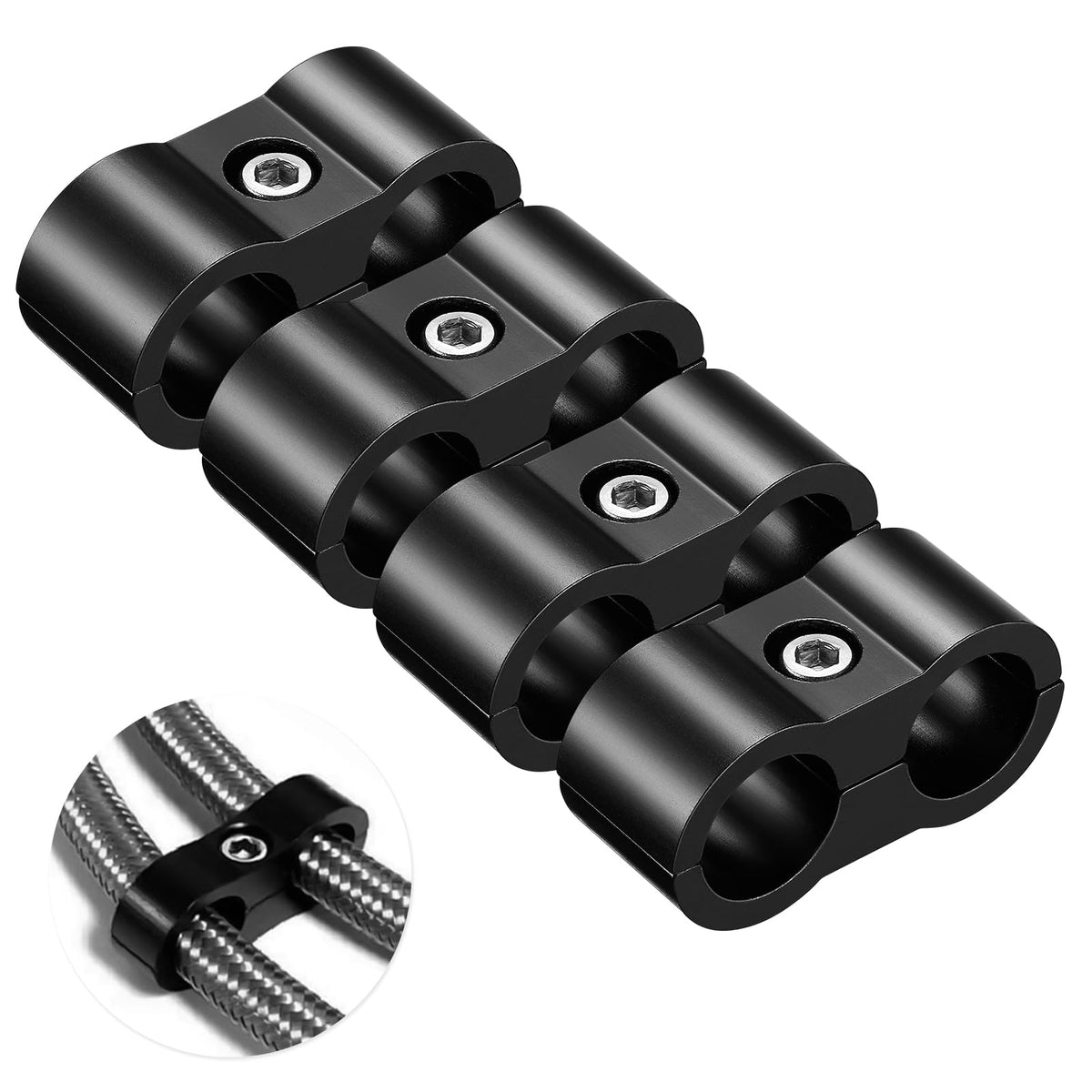 -4An Hose Separator Clamp - Fuel Line Mounting Clamps,Aluminum Hose Fitting Adapter, Great For 1/4 Fuel Hose, Oil Line, Brake Line, Water Pipe And Gas Line,4Pcs/Pack,Black