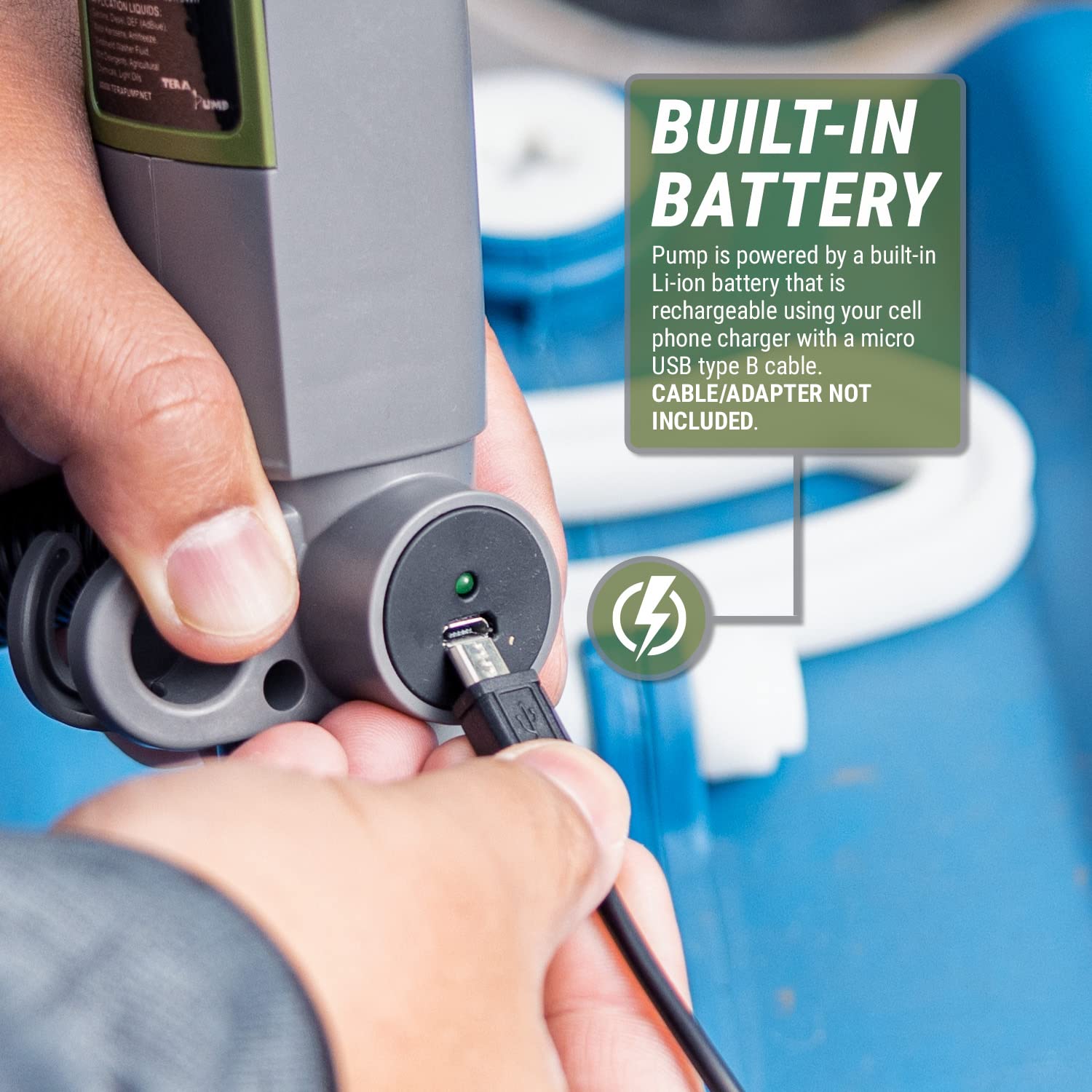 TERA PUMP Fuel Transfer Pump w/Quick Flow Control Nozzle & Telescopic Tube, Powerful Rechargeable Battery, 5 FT Discharge Hose,