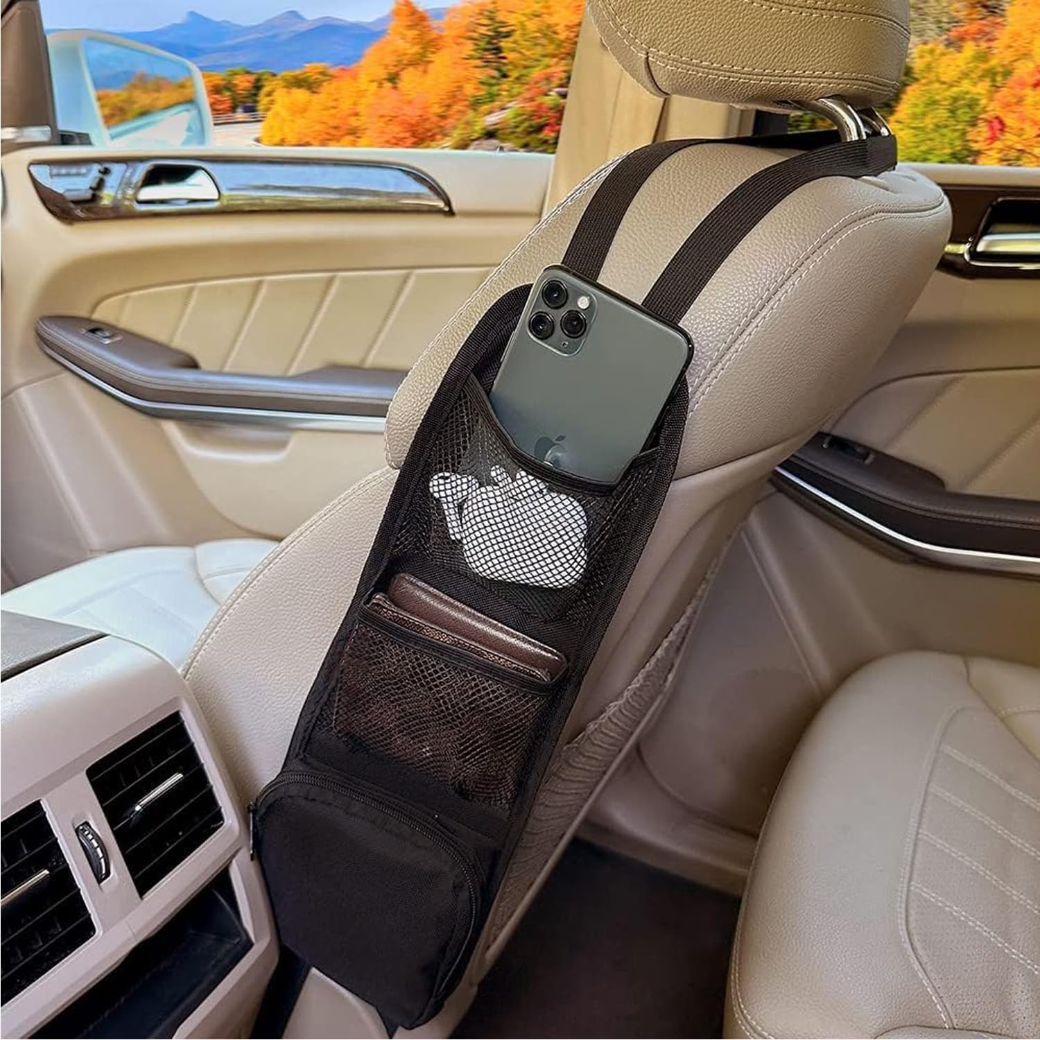 Wrixty Car Seat Side Organizer Car Seat Storage Hanging Bag Cup Holder with Multiple Compartments Mesh Pocket Phone Holder for C