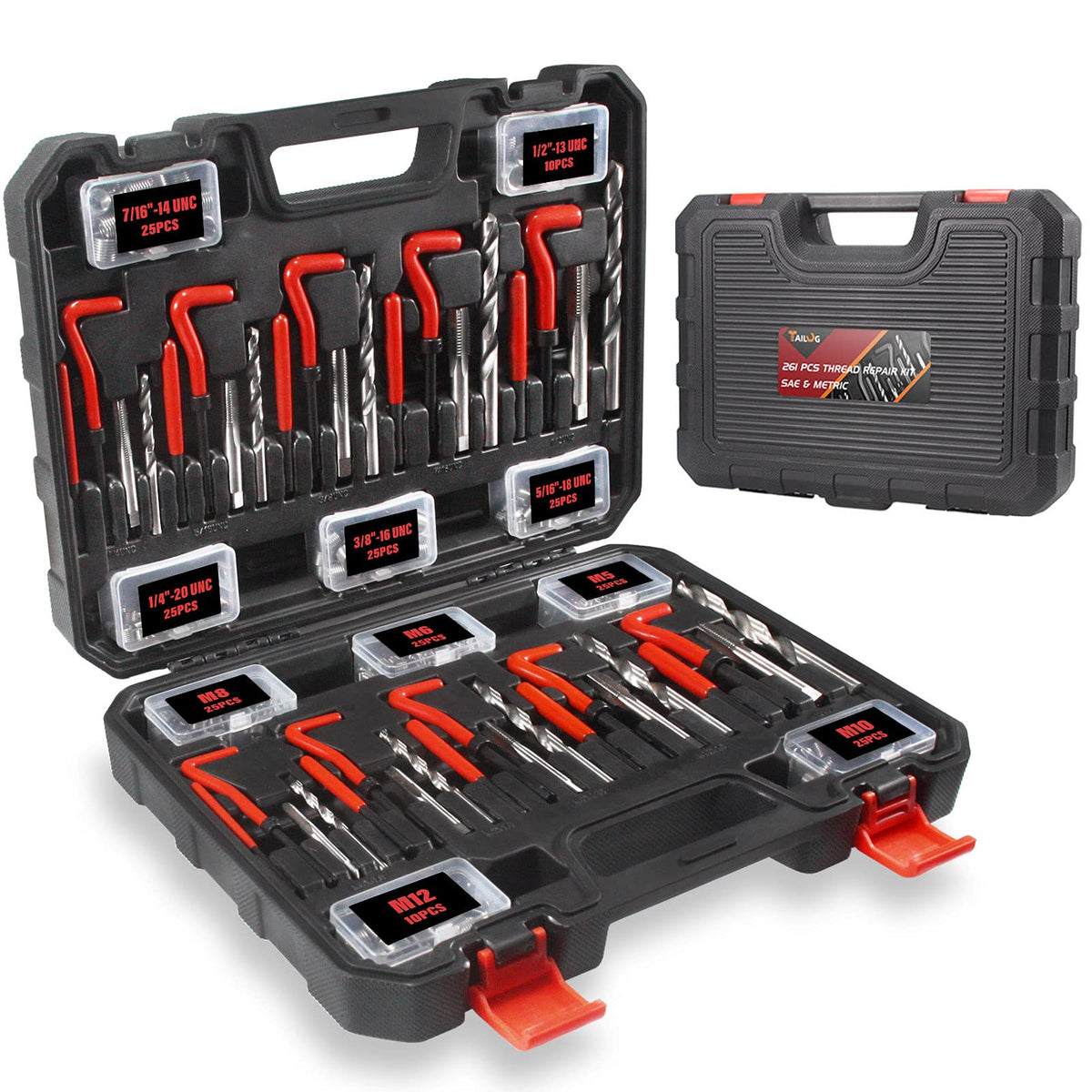 Tailug Thread Repair Kit, 261-Piece Hss Drill Helicoil Repair Kit Sae & Metric 1/4'' 5/16'' 3/8'' 7/16'' 1/2'' M5 M6 M8 M10 M12 