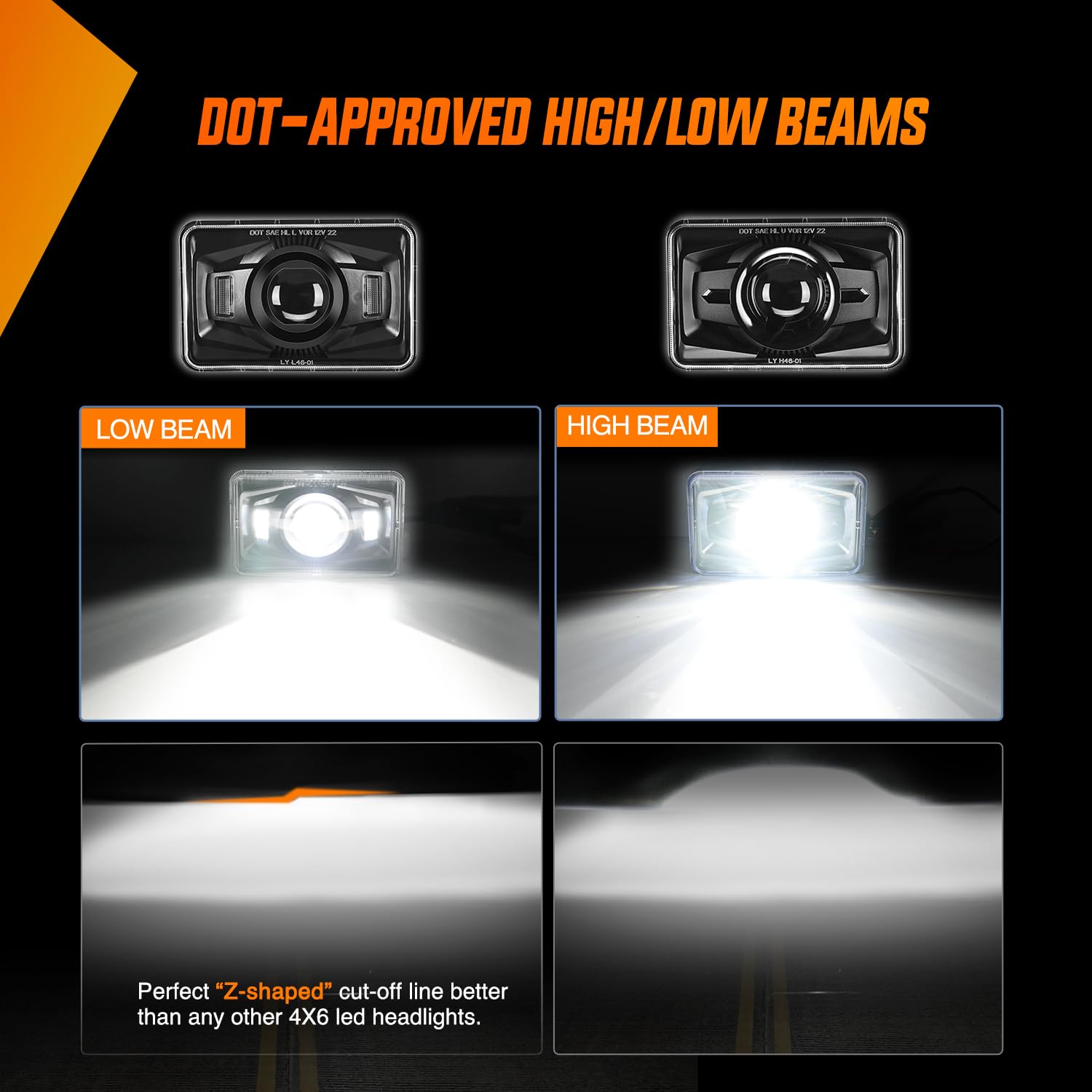 Nilight 4x6 Inch LED Headlights, 60W DOT Approved, Hi/Lo Sealed Beam, Black, Model 20016H, Compatible with Kenworth, Peterbilt, Ford