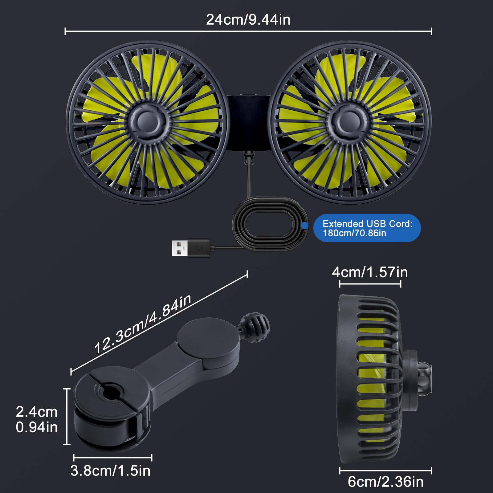 Xool Car Fans For Backseat - Dual Head Usb Cooling Car Fan For Kids, 360 Rotatable Car Rear Headrest Fan, Air Circulation Fan Wi
