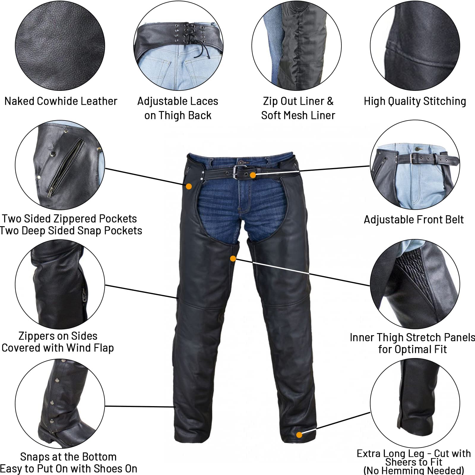 Black Motorcycle Leather Chaps For Men Women Riding With Zip Out Liner, Cowboy Biker Chap Pants With Four Deep Pockets, 9Xl
