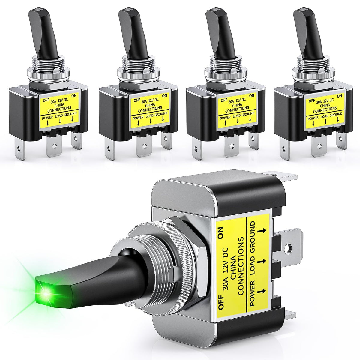 Nilight 5Pcs Led Toggle Switch On Off 12V 30A Green Led Lighted Metal Switch Heavy Duty Spst 3 Pin Rocker Switch 12Mm Mounting H