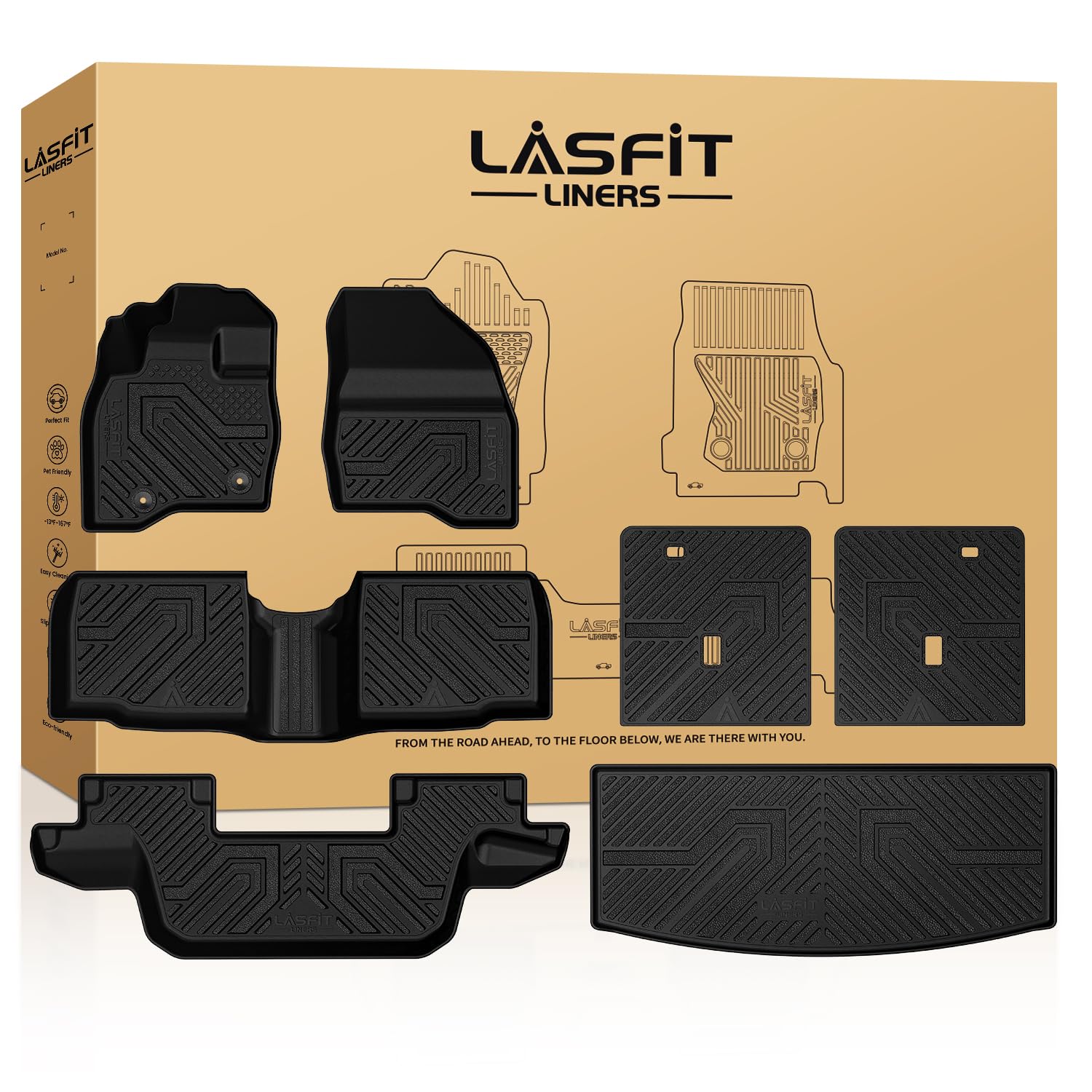 Lasfit Floor Mats&Trunk Mat For 2015-2019 Ford Explorer 7 Seater All Weather Tpe Car Liners Custom Fit For Front, Rear, 3Rd Row 