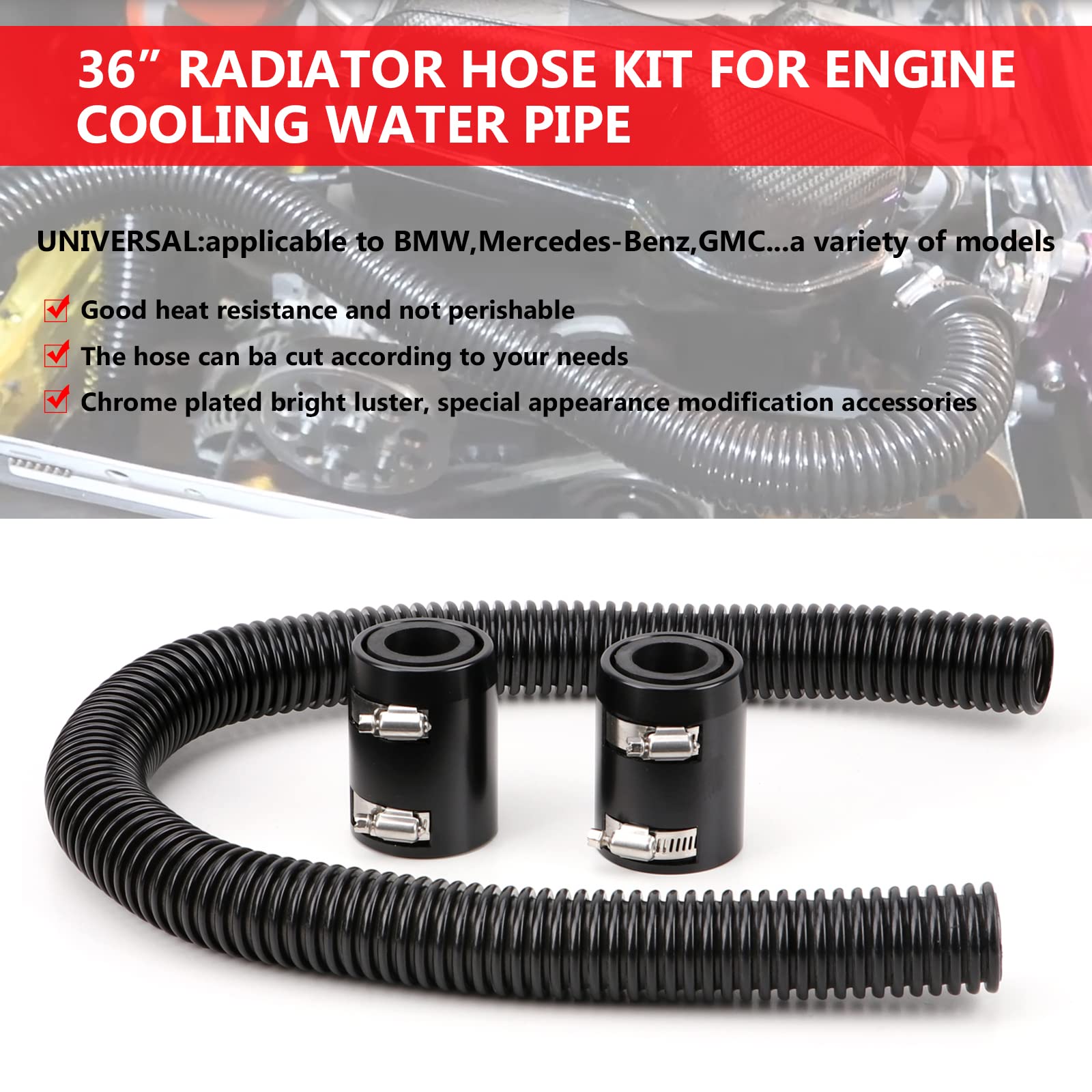 iRKY 36'' Stainless Steel Radiator Hose Flexible Universal Water Hoses Adapter Coolant Radiator Hose Kit With 2Pcs Chrome Caps S