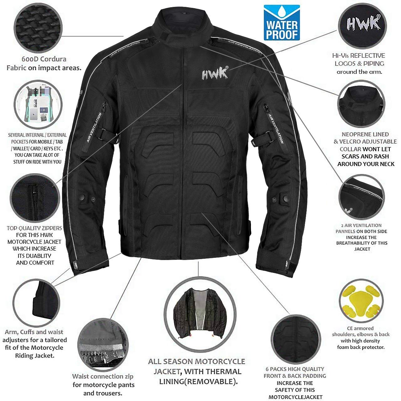 Hwk Spyder Motorcycle Jacket For Men With Weather Resistant Cordura Textile Fabric For Enduro Motocross Jacket 4X-Large/Black