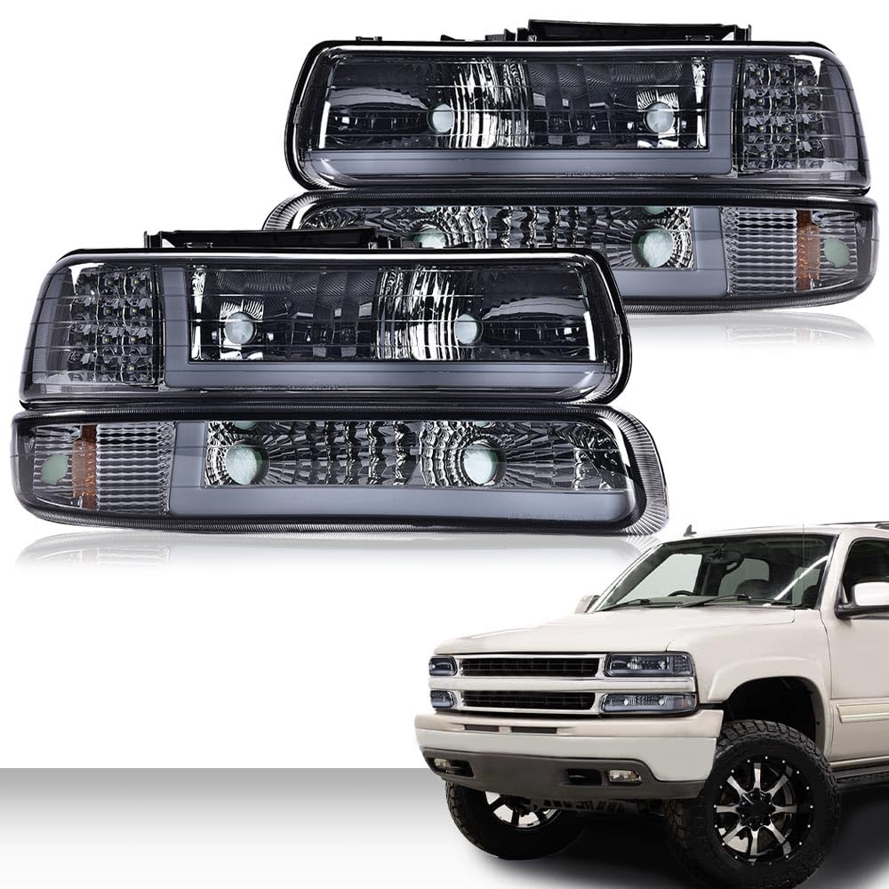 Pit66 Led Drl Headlight Assembly Compatible With 1999-2002 Chevy Silverado / 2000-2006 Tahoe Suburban Headlamp W/Bumper Lights S