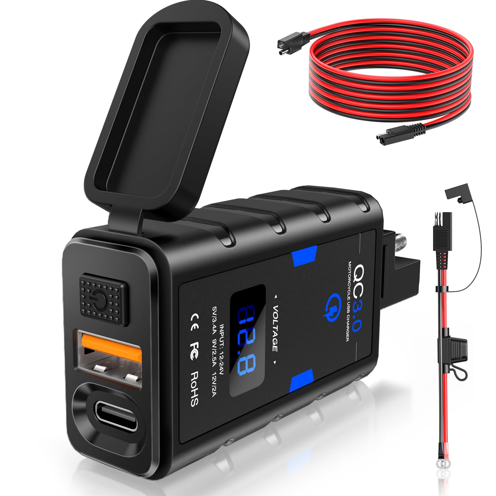 Randpow Motorcycle Phone Charger, 6.4A Dual Usb Quick Charge 3.0 Type C Pd Motorcycle Usb Charger With On/Off Switch, Waterproof