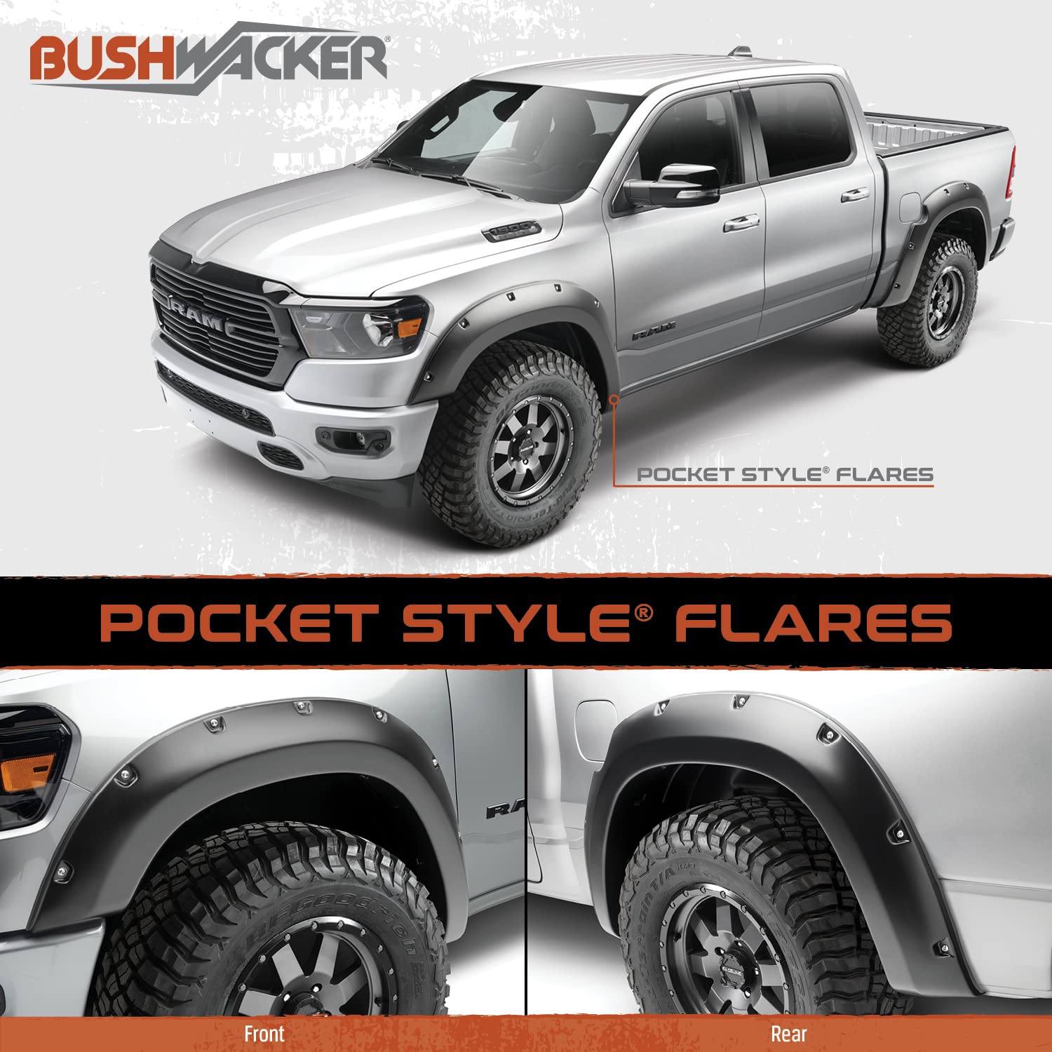 Bushwacker Pocket/Rivet Style Front & Rear Fender Flares | 4-Piece Set, Black, Smooth Finish | 40957-02 | Fits 2014-2018 Chevrolet Silverado 1500/2500 Hd/3500 Hd (Excludes Dually)