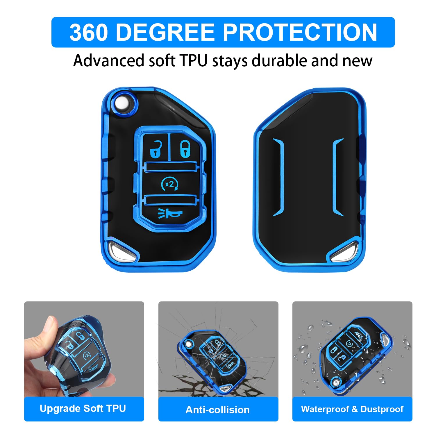 QBUC for Jeep Key Fob Cover with Keychain Compatible with Jeep Wrangler JLU JL Gladiator Rubicon JT Car Flip Key (blue)