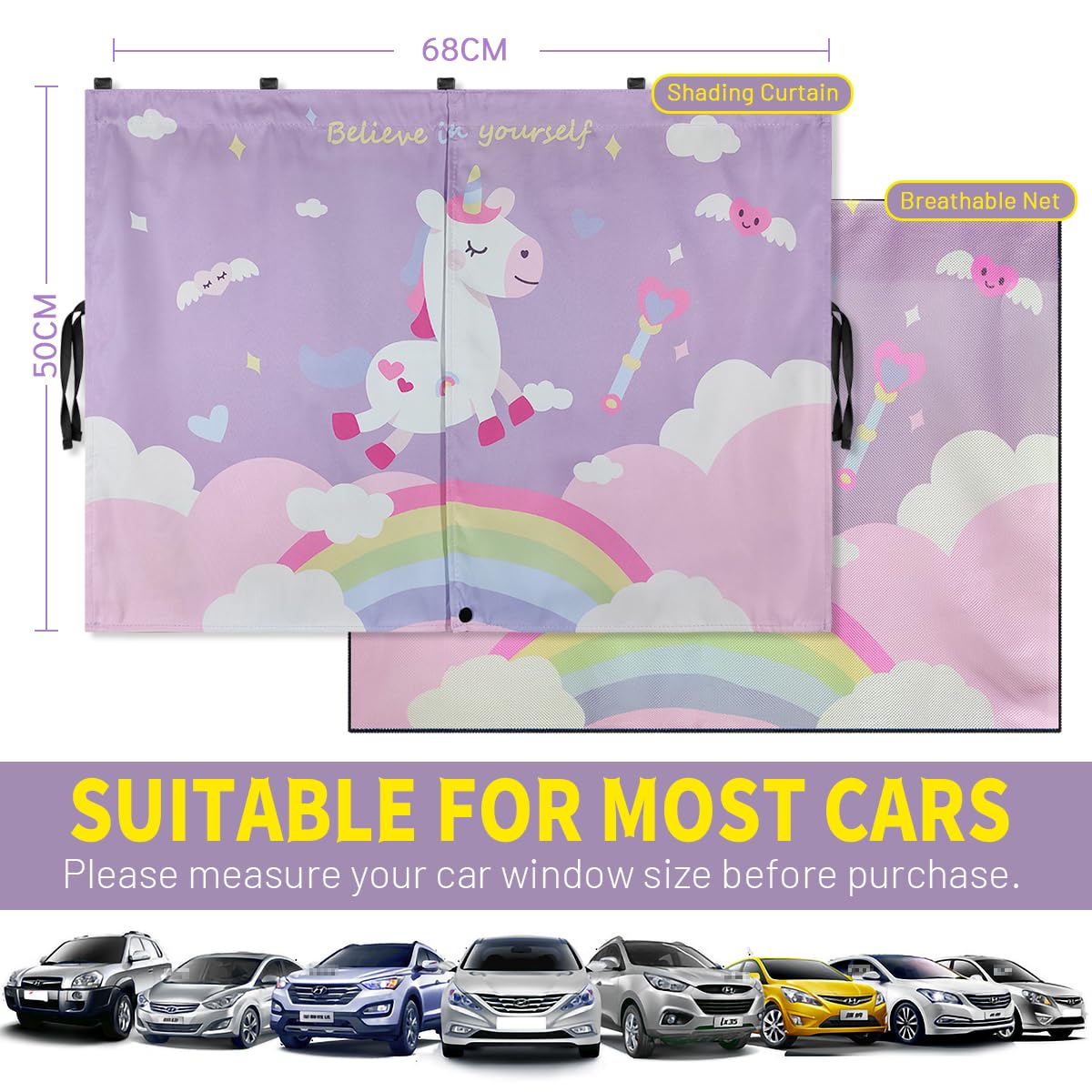 Car Window Shades, 2 Pcs Magnetic Double Layer Car Sun Shade For Side Windows Privacy Full Covers/Half Shade Options Unicorn Pat