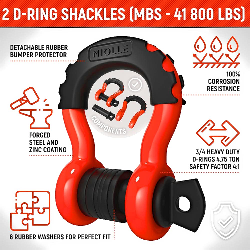 Miollegear Tow Strap 3   X20- 33400Lbs Mbs (Lab Tested) Recovery Strap Kit Includes: Tow Rope, 2 D-Ring Shackles Mbs-41800Lbs, S