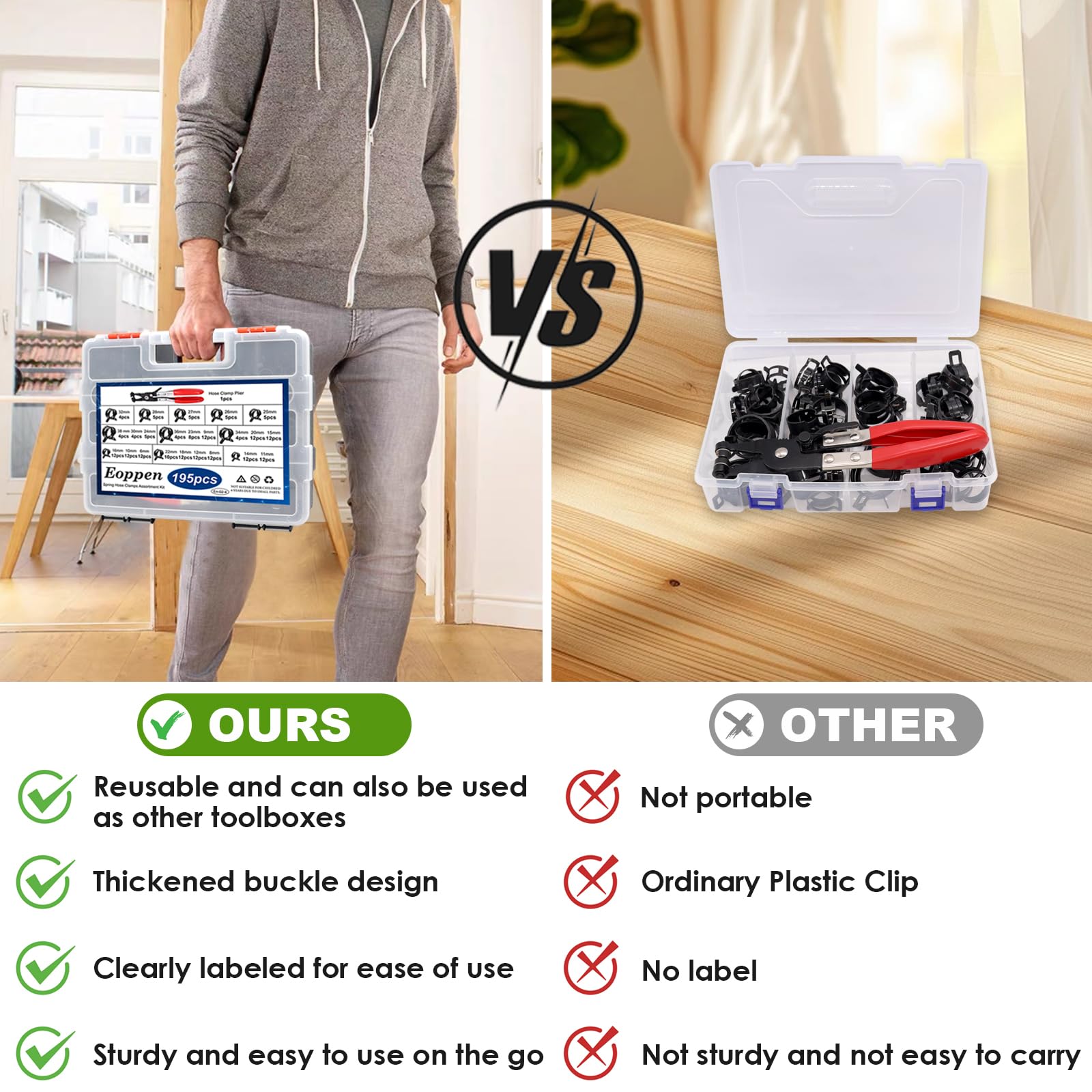 Eoppen 195Pcs 6-38Mm Spring Hose Clamps Assortment Kit With Swivel Flat Band Fuel Hose Clamp Plier - 23 Sizes Fuel Line Silicone