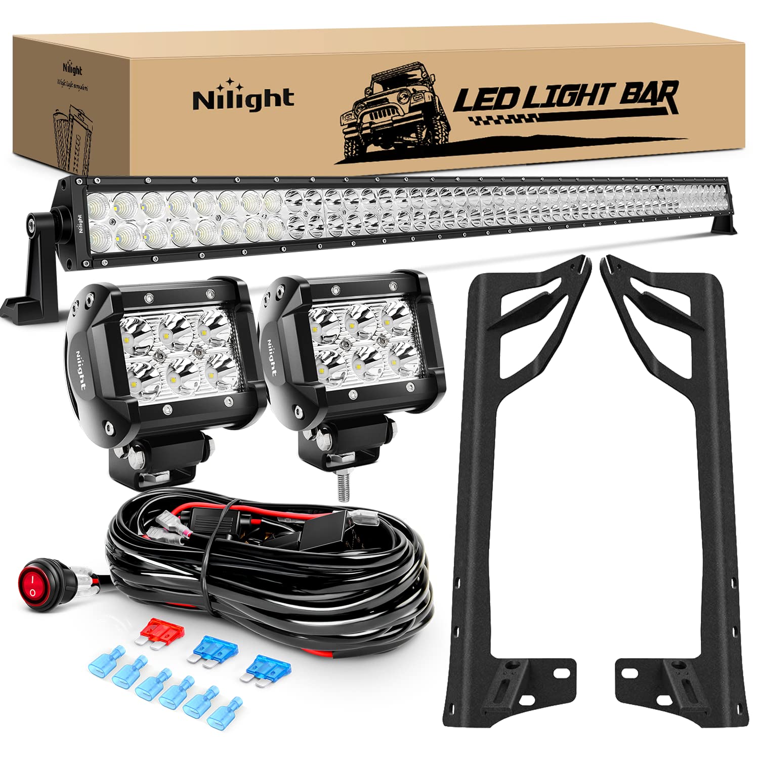 Nilight 52Inch Led Light Bar Spot Flood 2Pcs 18W 4Inch Spot Led Pods Windshield Frame Mounting Bracket On Wrangler Jk 2007-2017