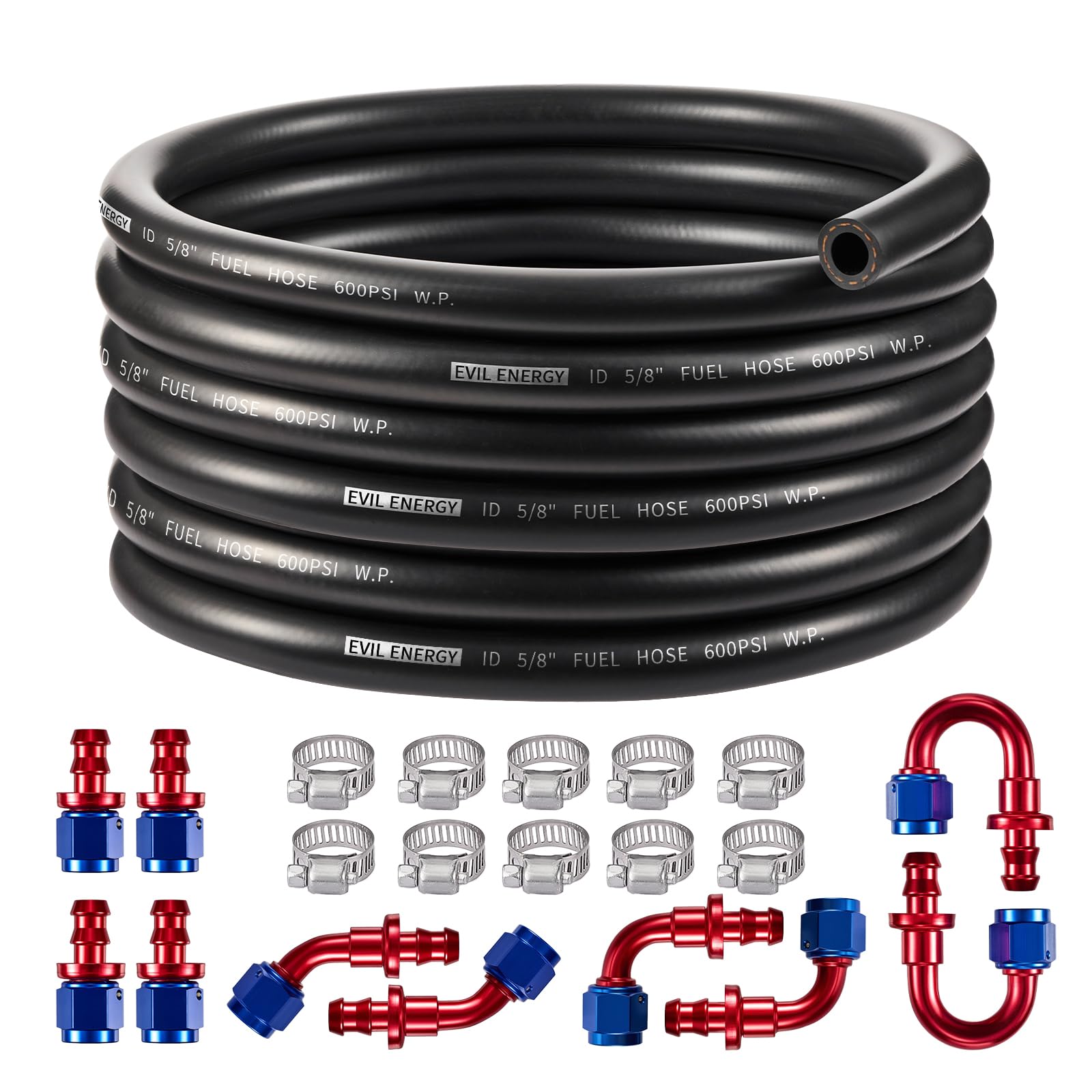 EVIL ENERGY 10AN 5/8 Fuel Line Kit 20FT, CPE Rubber 5/8 Fuel Hose with Push On Fittings and Hose Clamps 20PCS, Blue&Red
